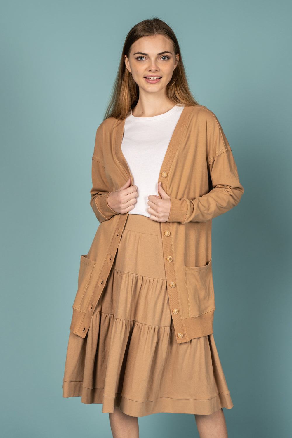 Tan Cotton Cardigan With Matching Buttons And Pockets