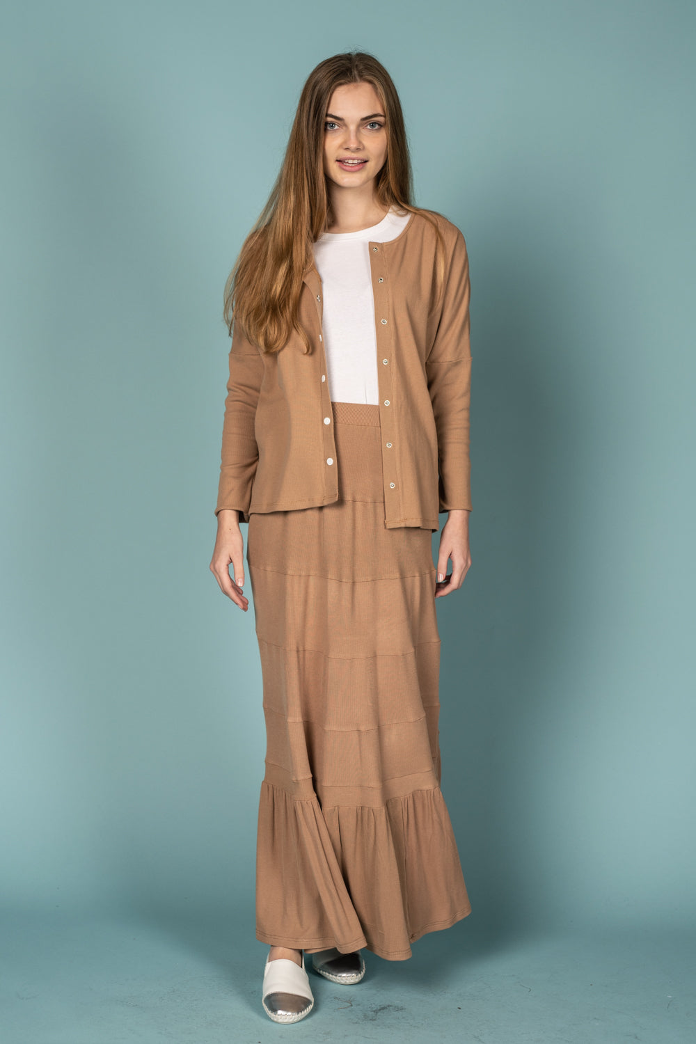 Tan Ribbed Maxi Skirt