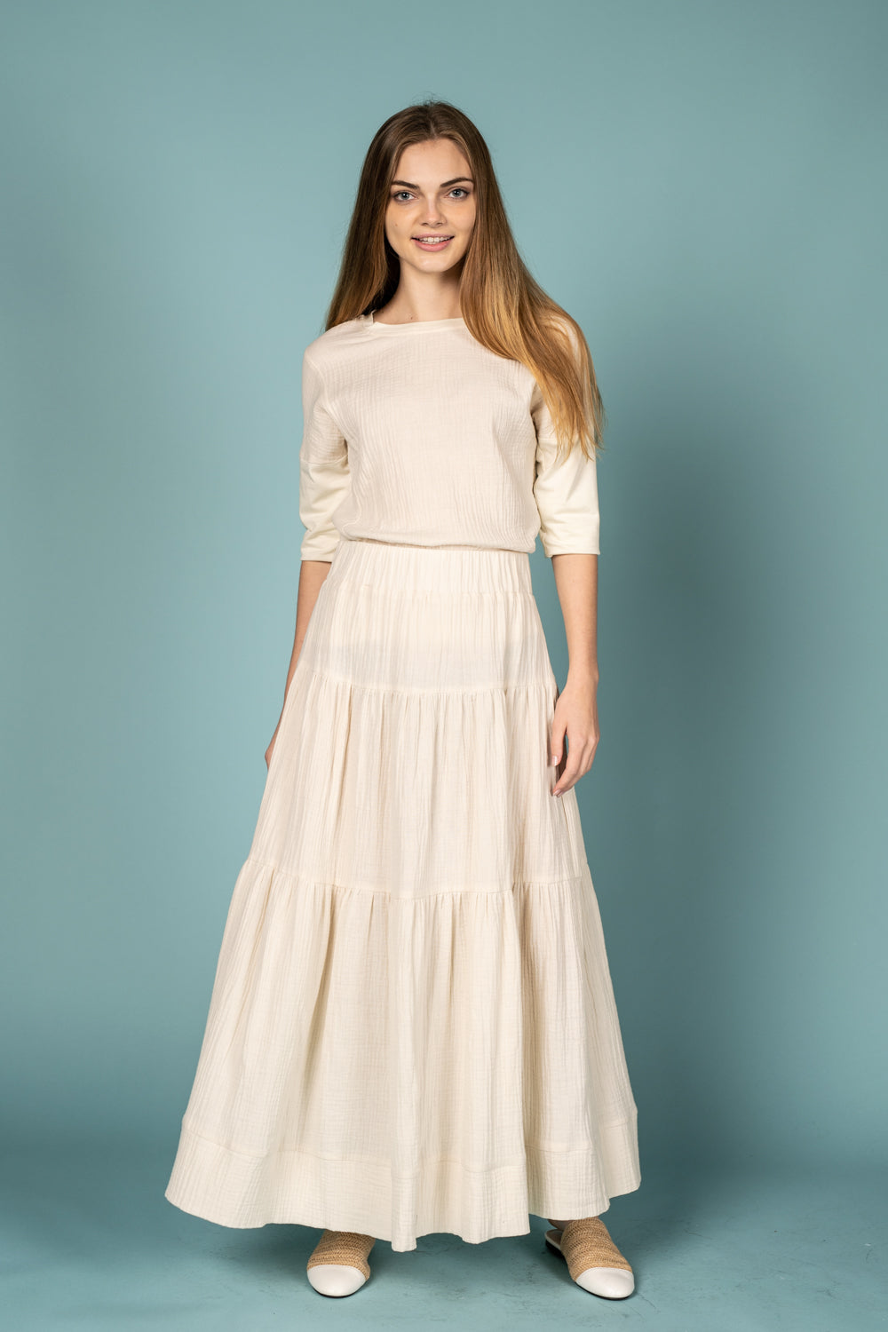 White Bubble Gauze Fabric Top With Cotton Sleeves
