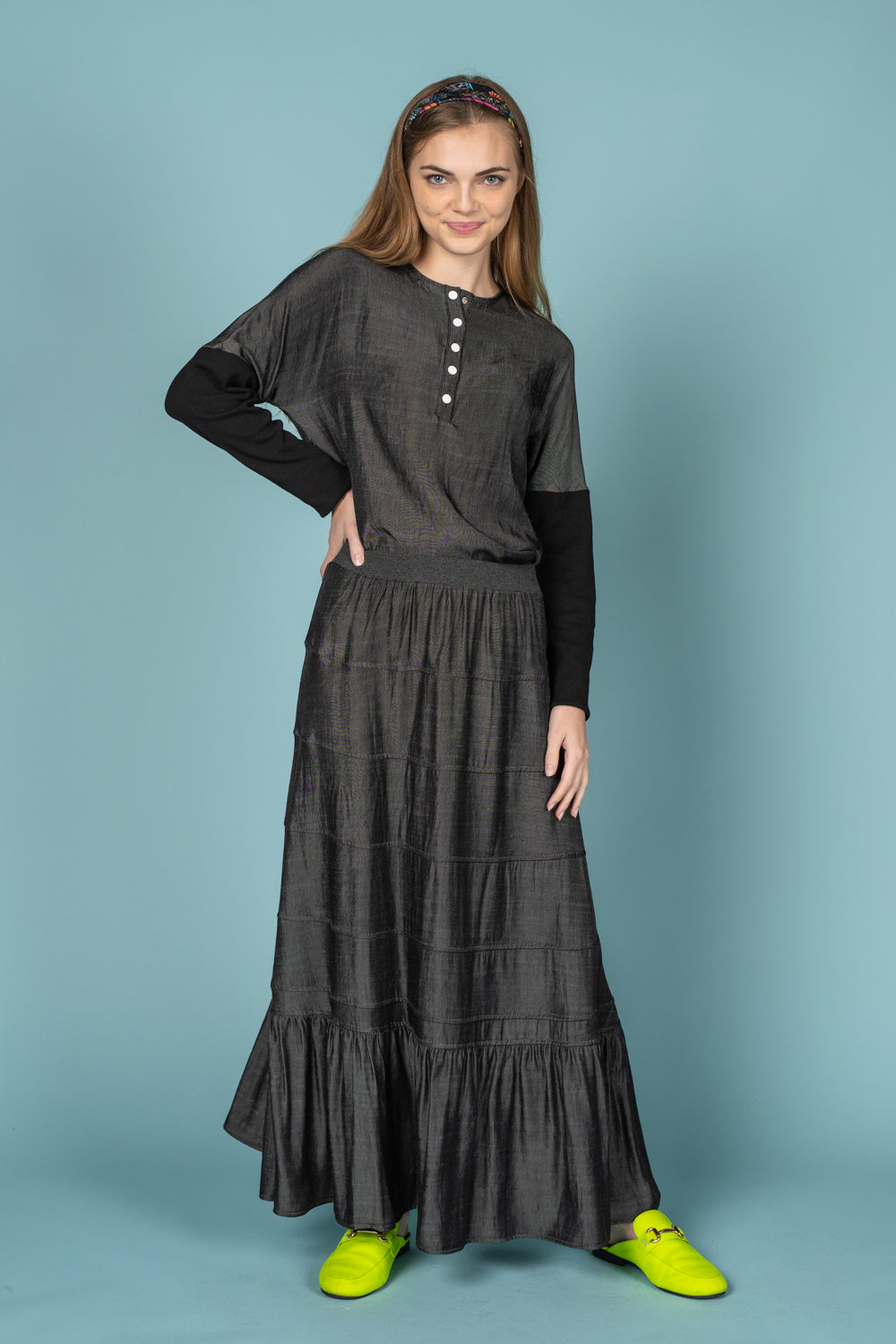 Grey Layered Flowy Skirt With Ribbed Waistband