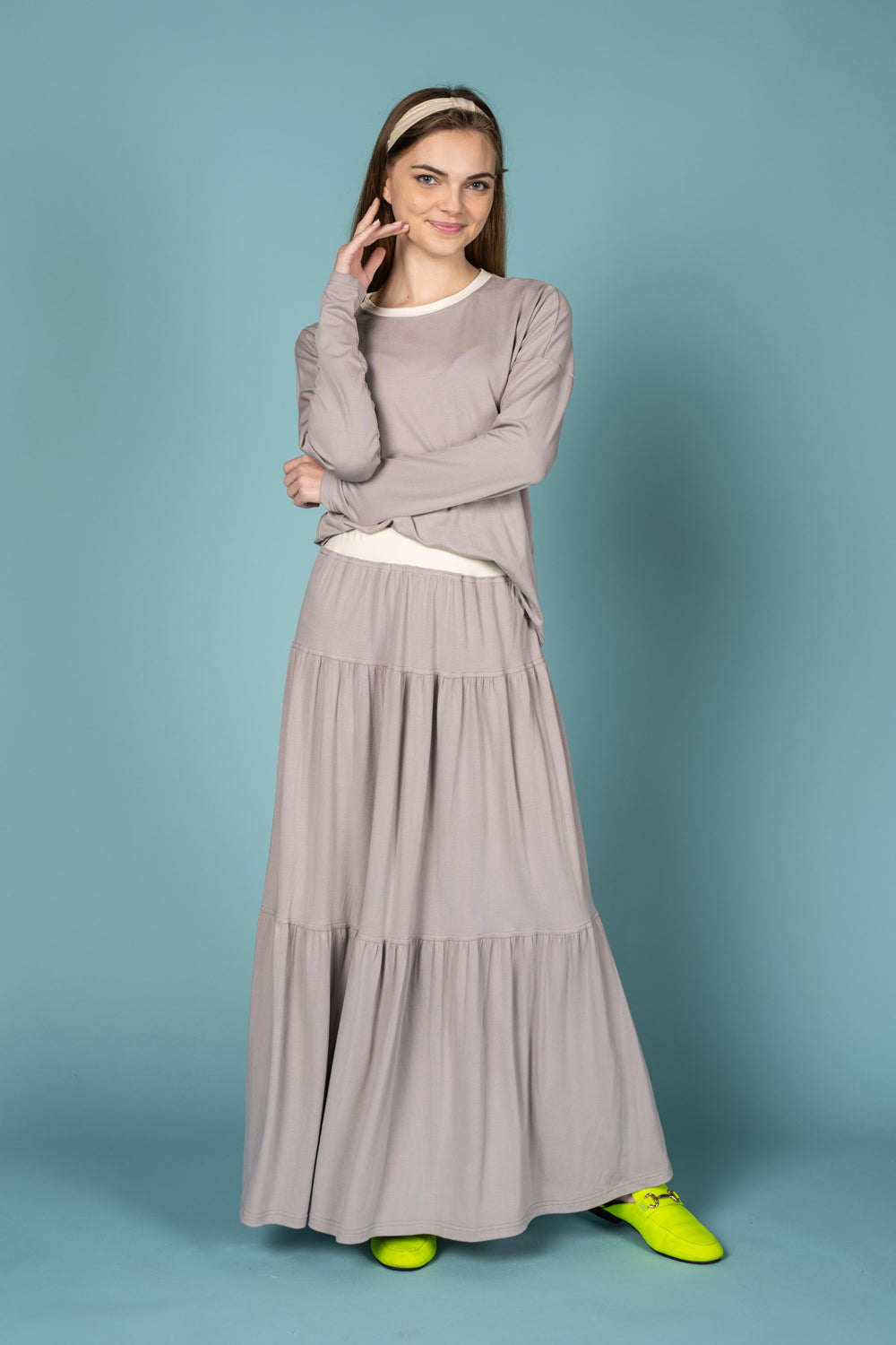 Grey Cotton Layered Skirt With White Waistband