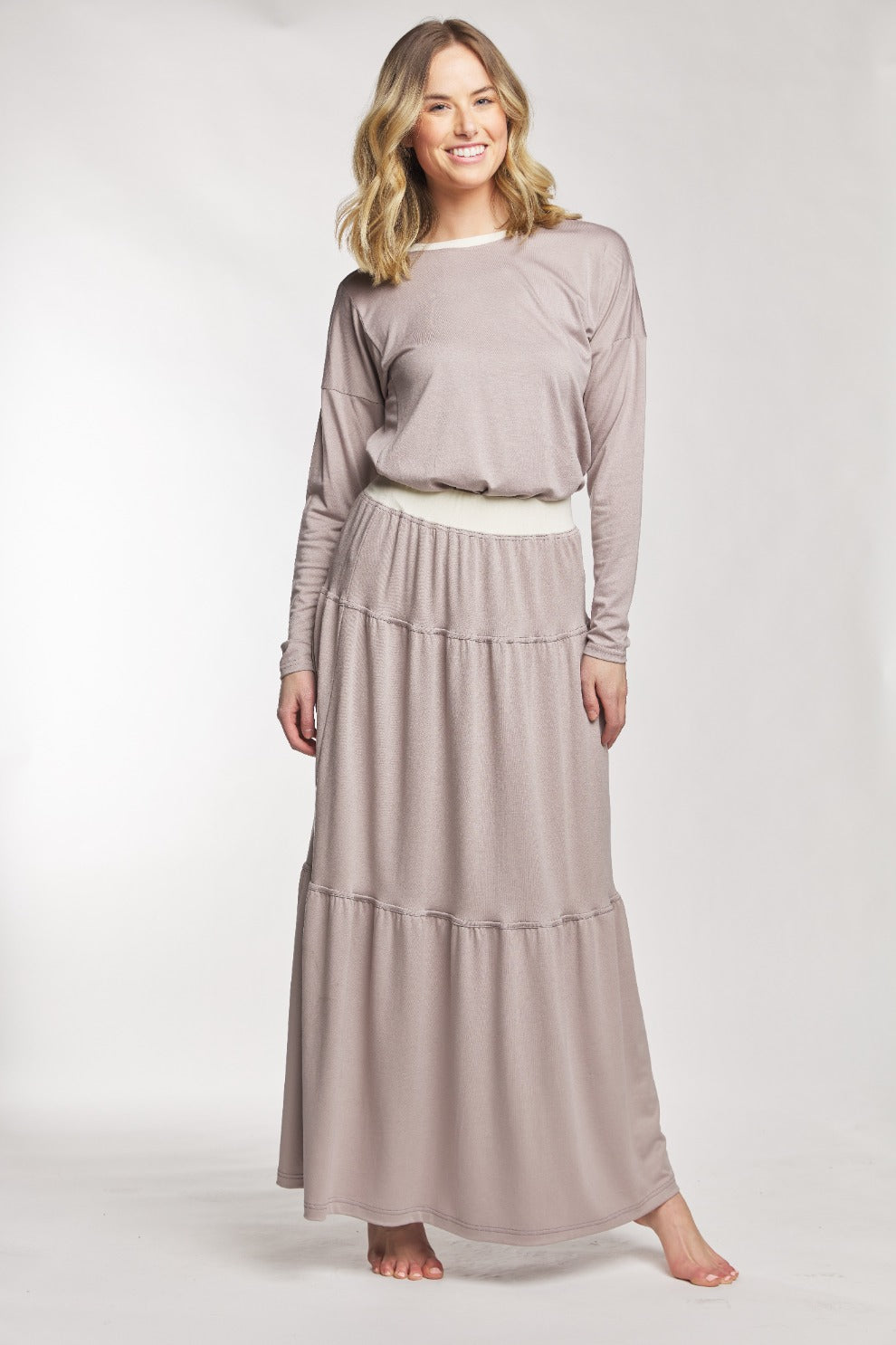 Grey Cotton Layered Skirt With White Waistband