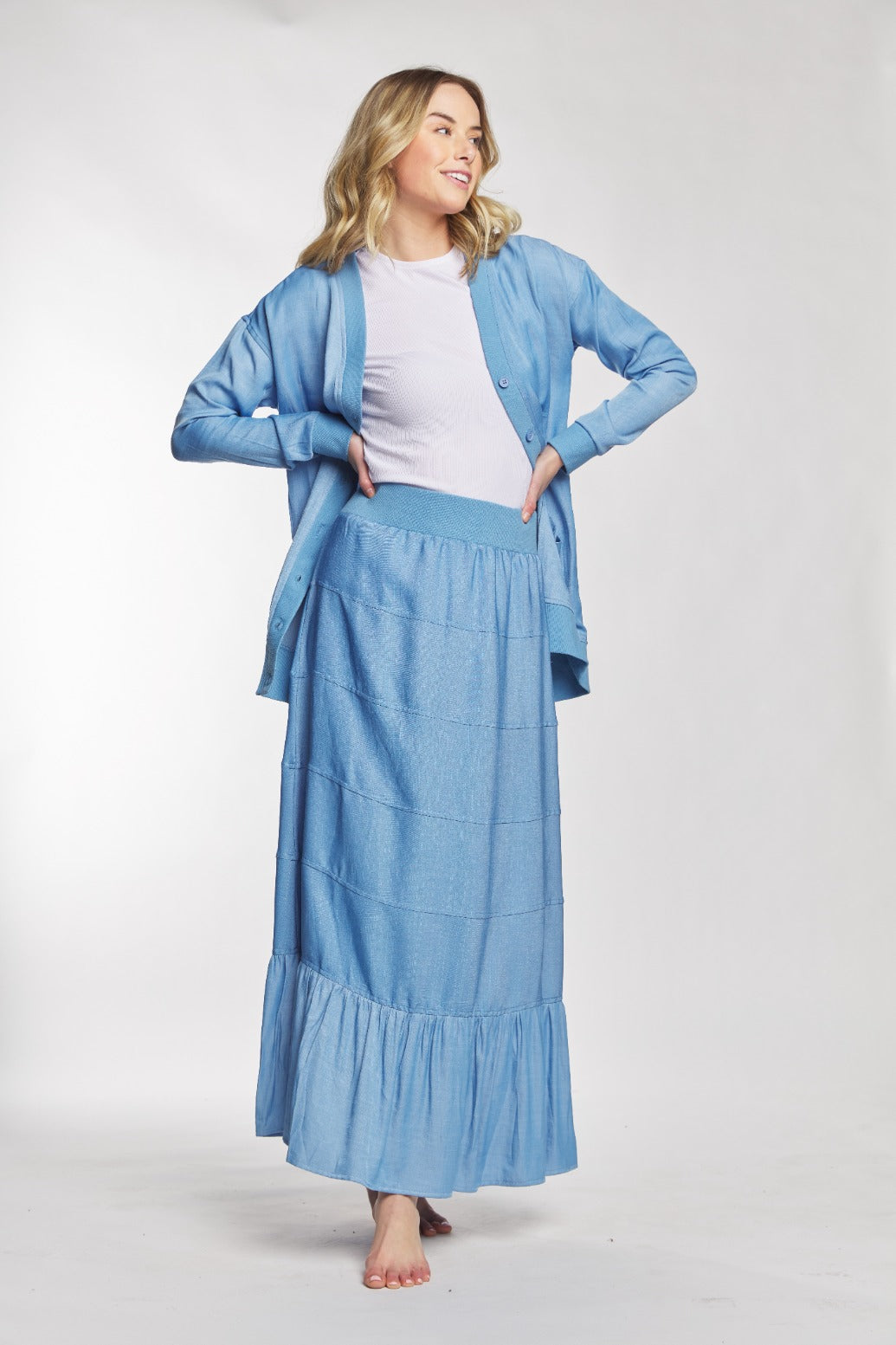 Light Blue Layered Flowy Skirt With Ribbed Waistband