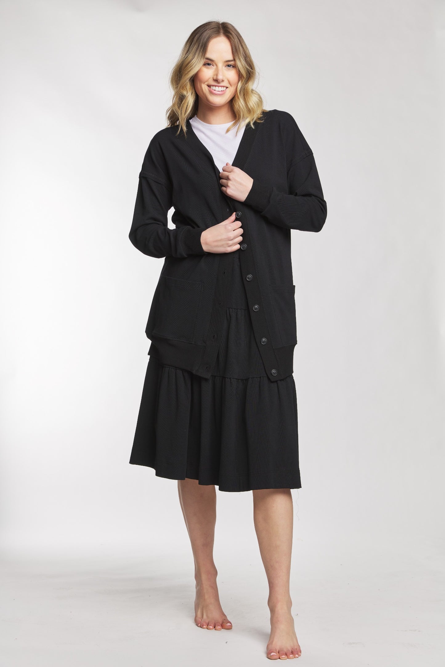 Black Cotton Cardigan With Matching Buttons And Pockets