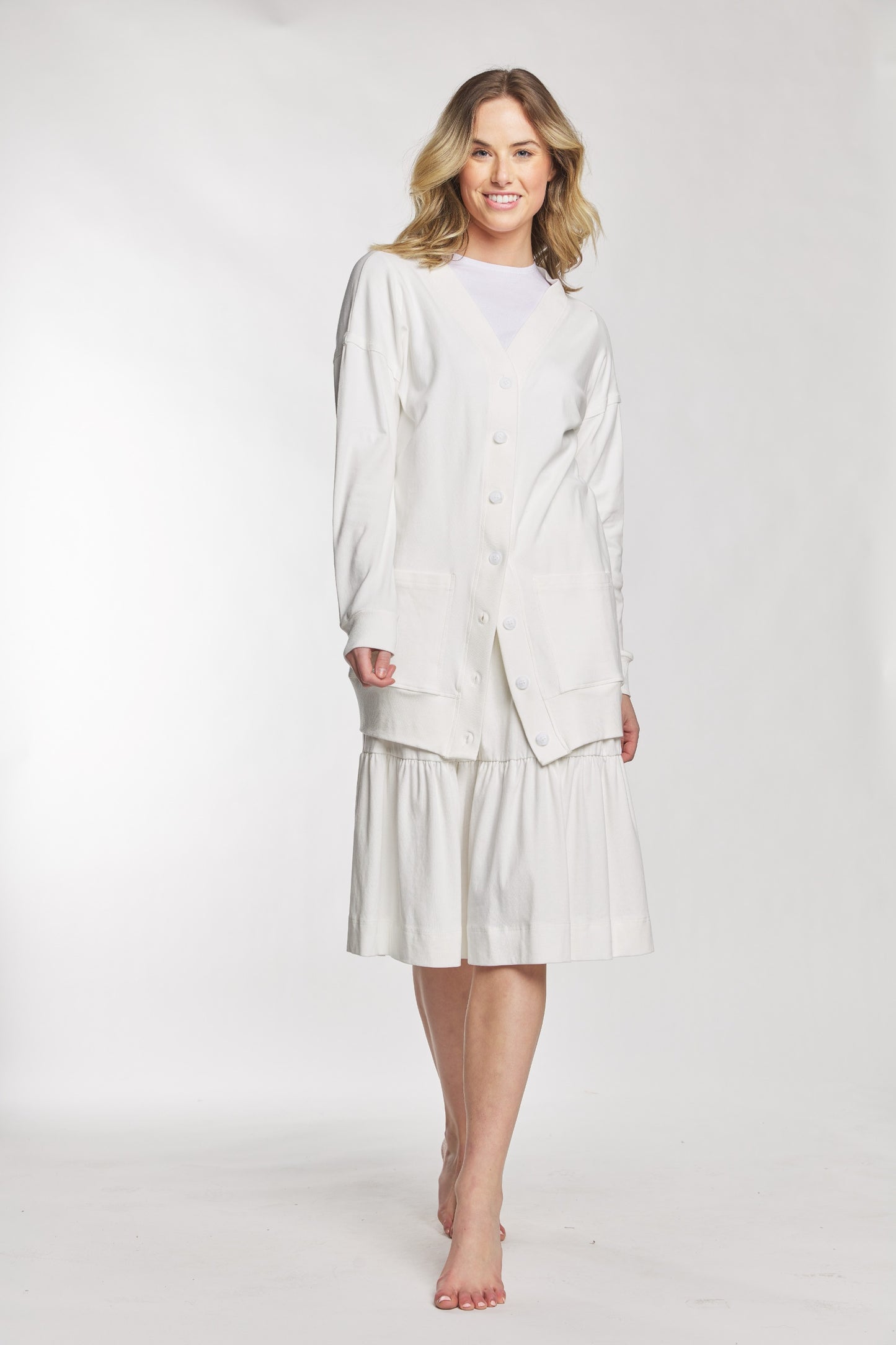 White Cotton Cardigan With Matching Buttons And Pockets