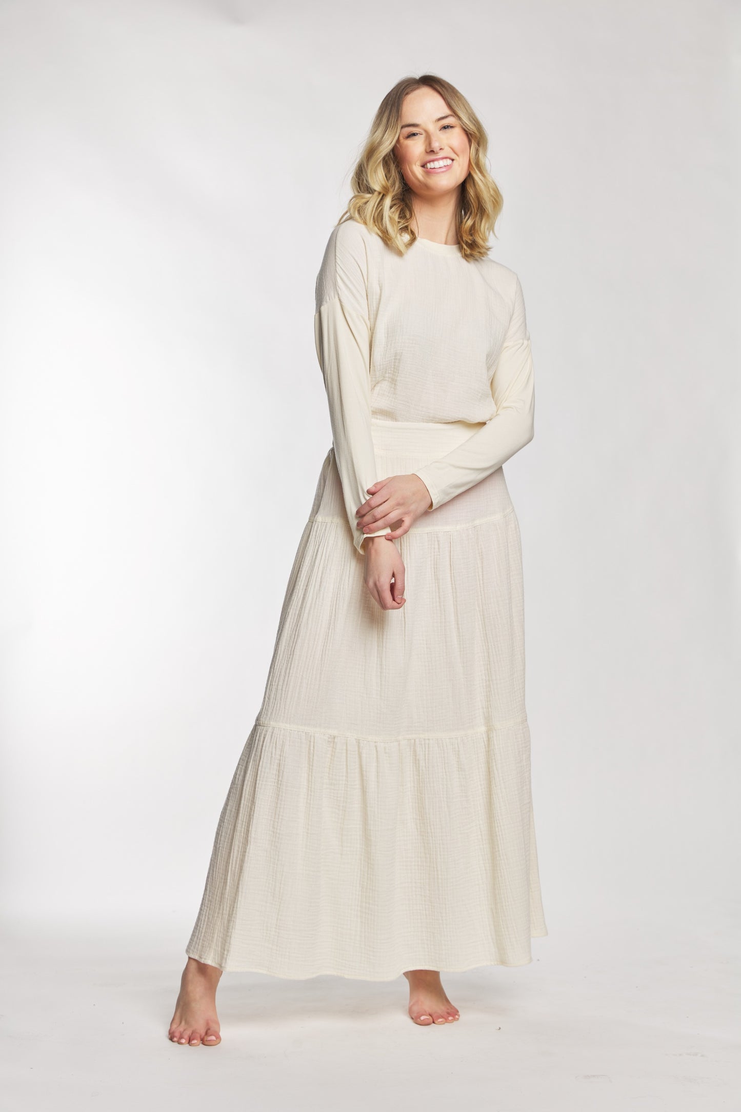 White Bubble Gauze Fabric Top With Cotton Sleeves