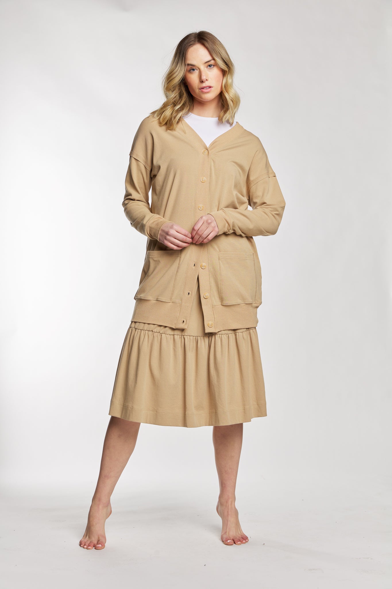 Tan Cotton Cardigan With Matching Buttons And Pockets