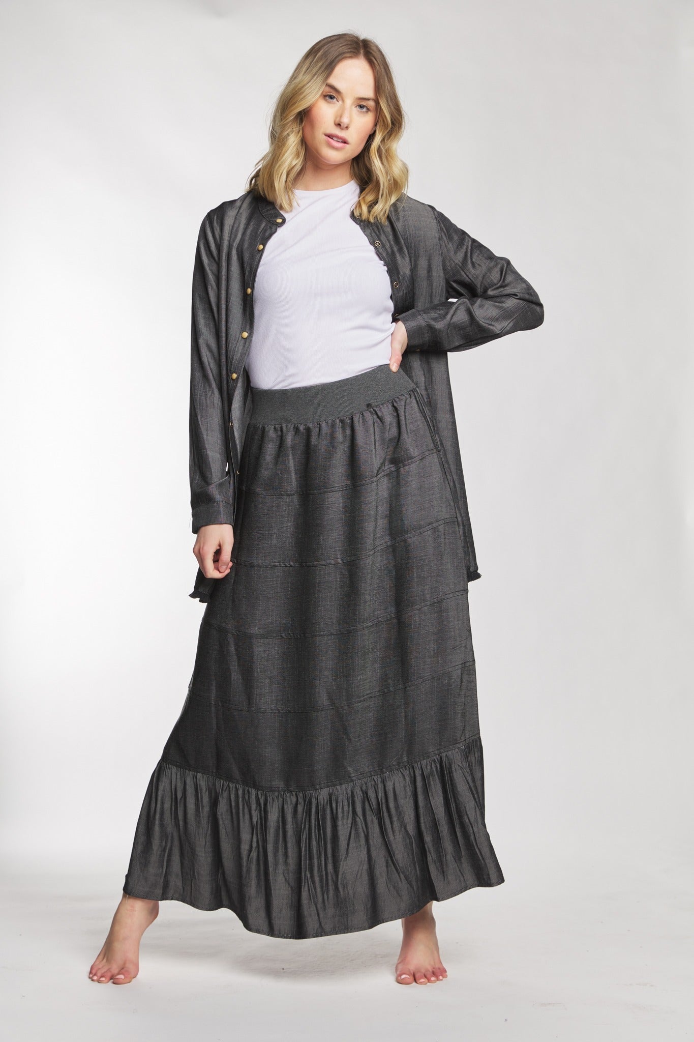 Grey Layered Flowy Skirt With Ribbed Waistband