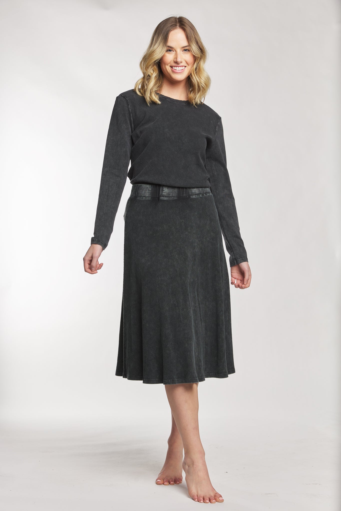 Black Ribbed A-Line Skirt