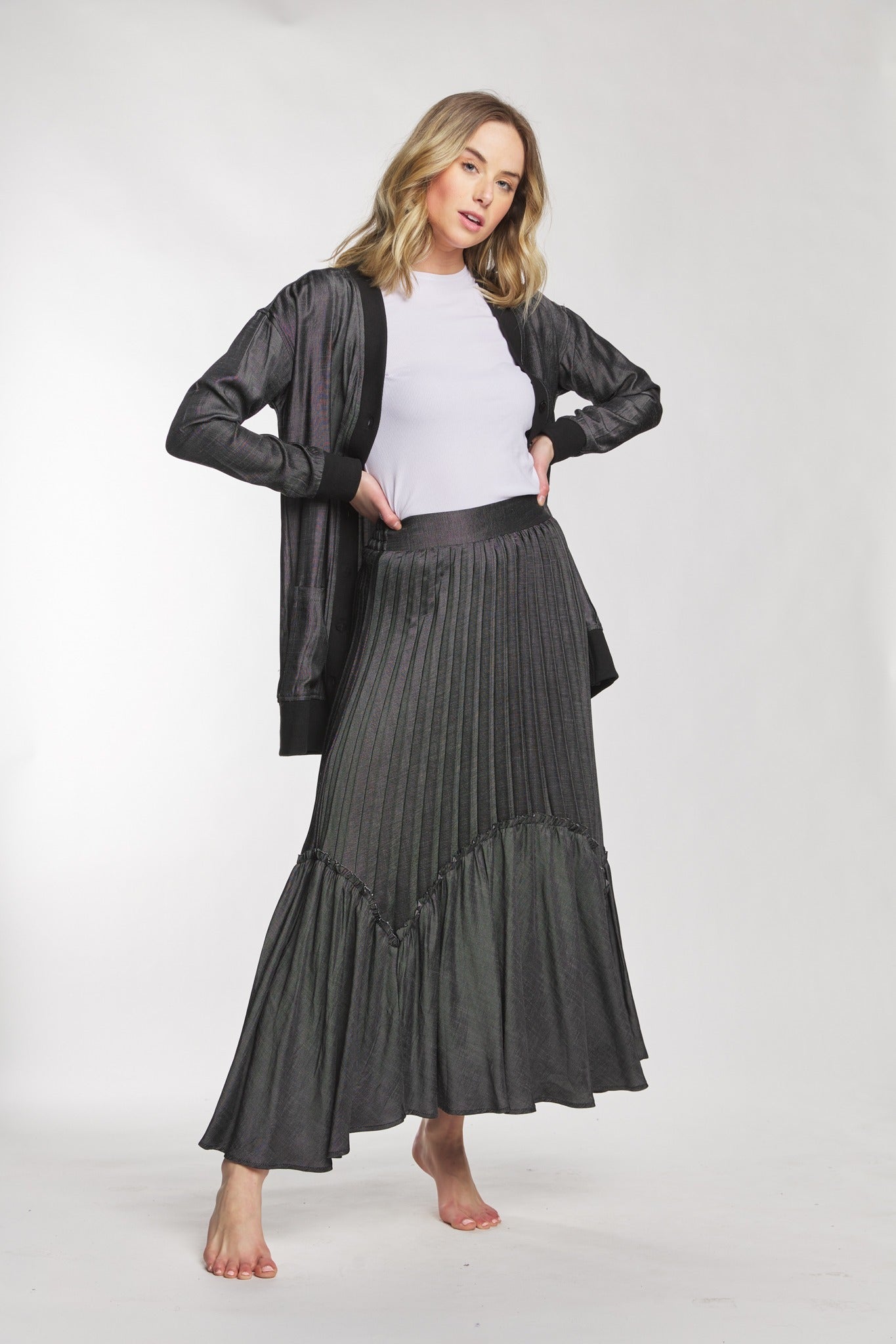 Black Denim Pleated Skirt