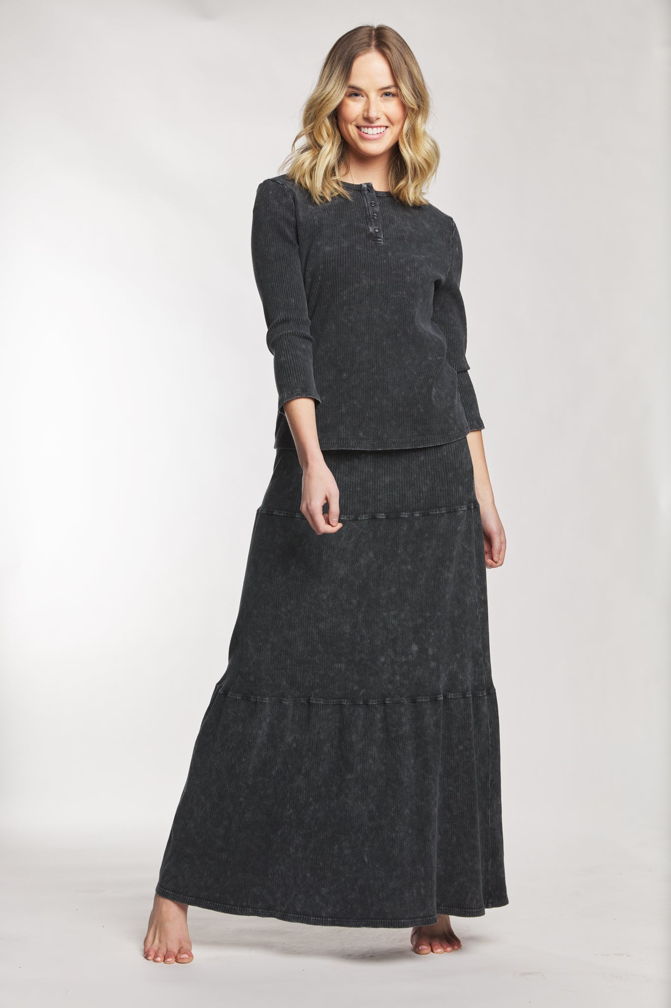 Black Washed Out Ribbed Top With Black Buttons