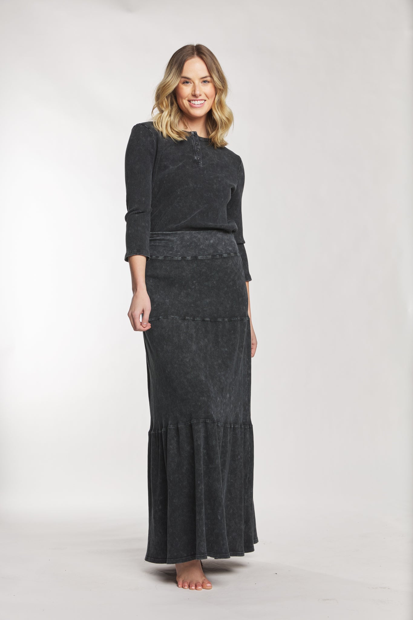 Black Washed Out Ribbed Top With Black Buttons