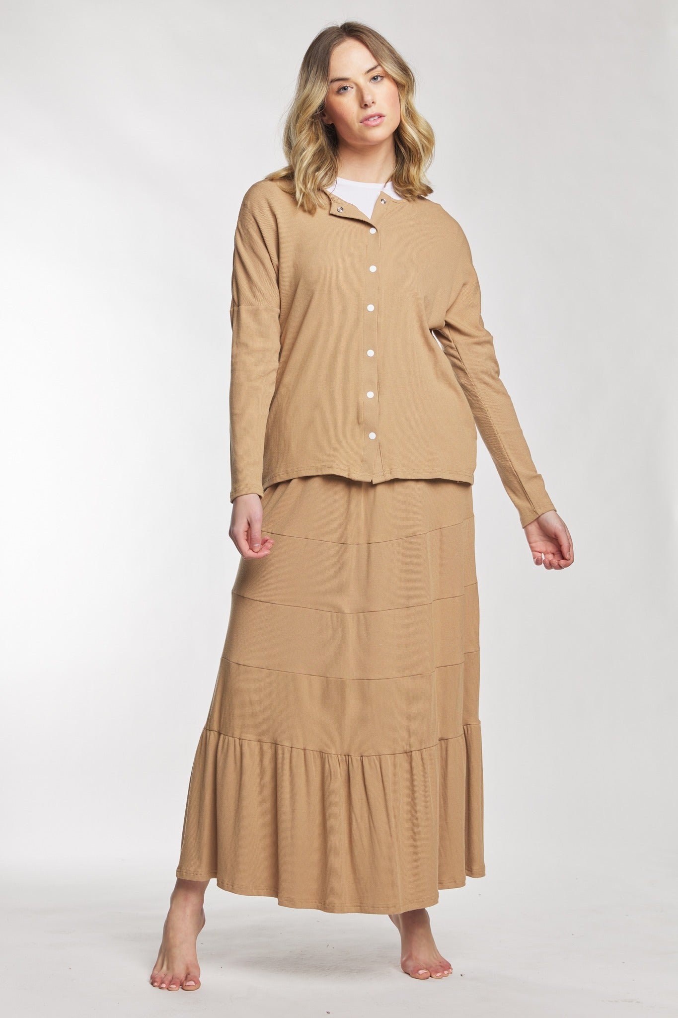 Tan Ribbed Button Up Top With Snaps And A Thin Pocket