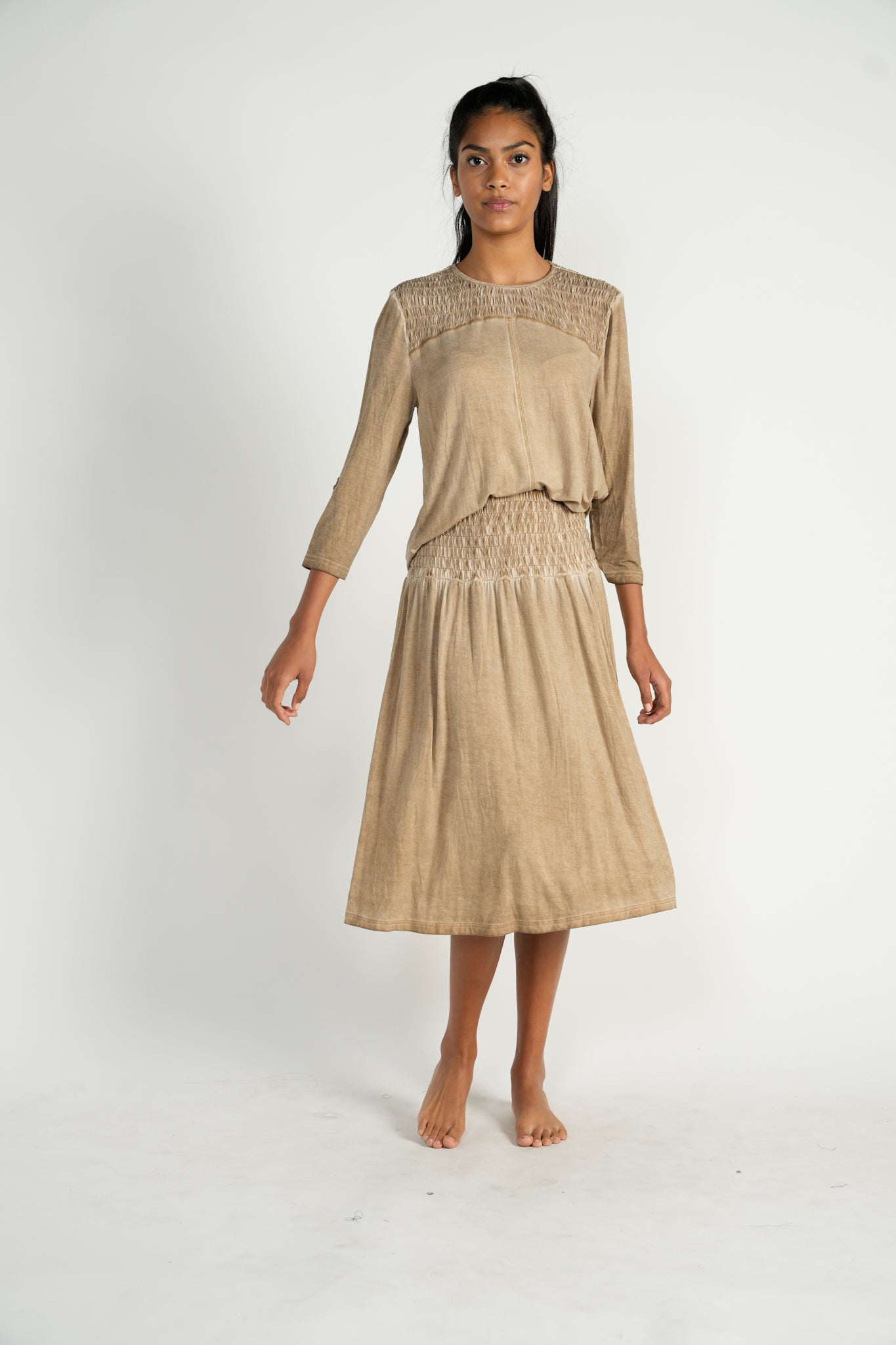 Taupe Smocked Waist Circle Skirt
