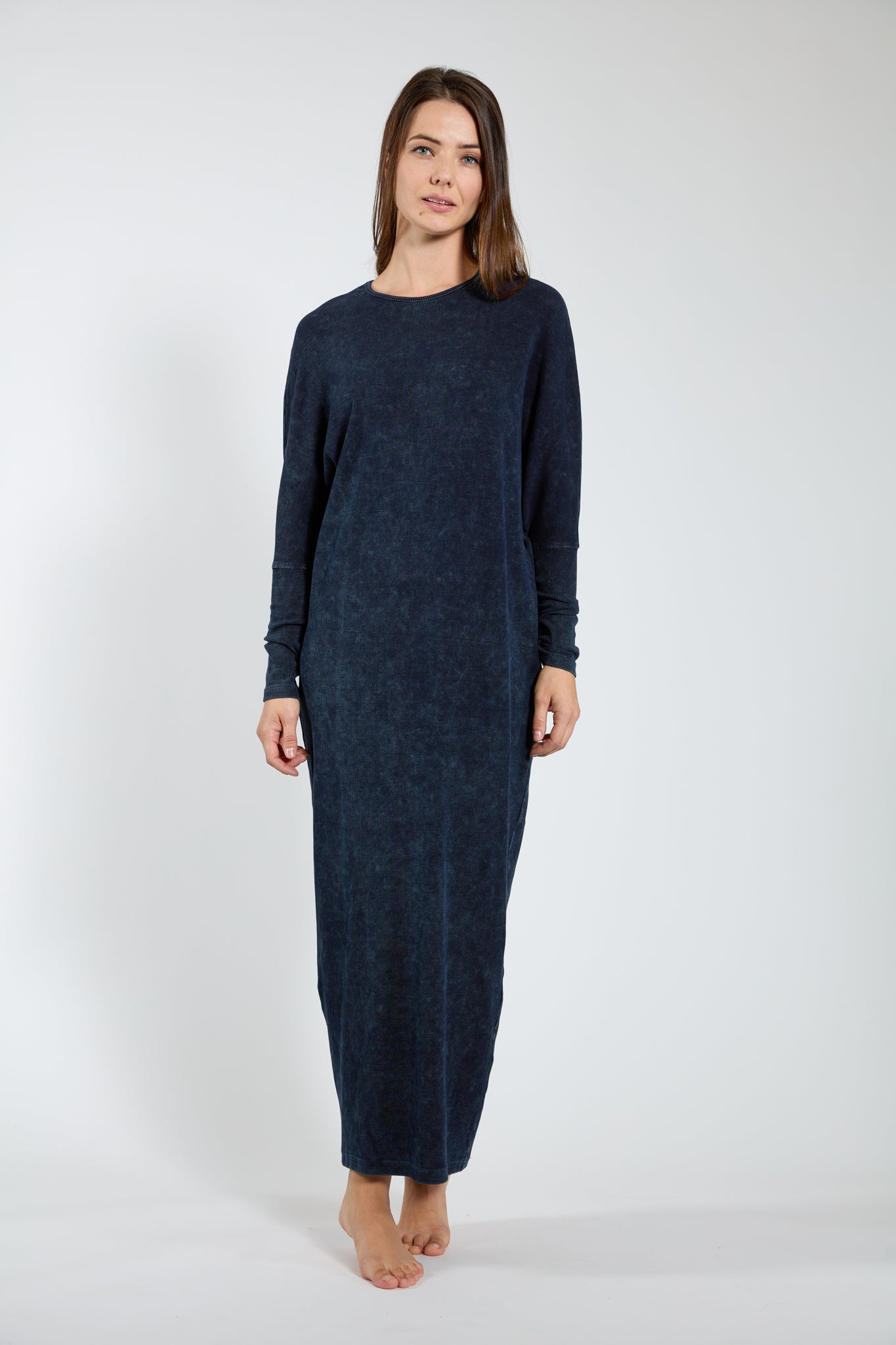 Dark Blue Denim Ribbed Maxi Dress