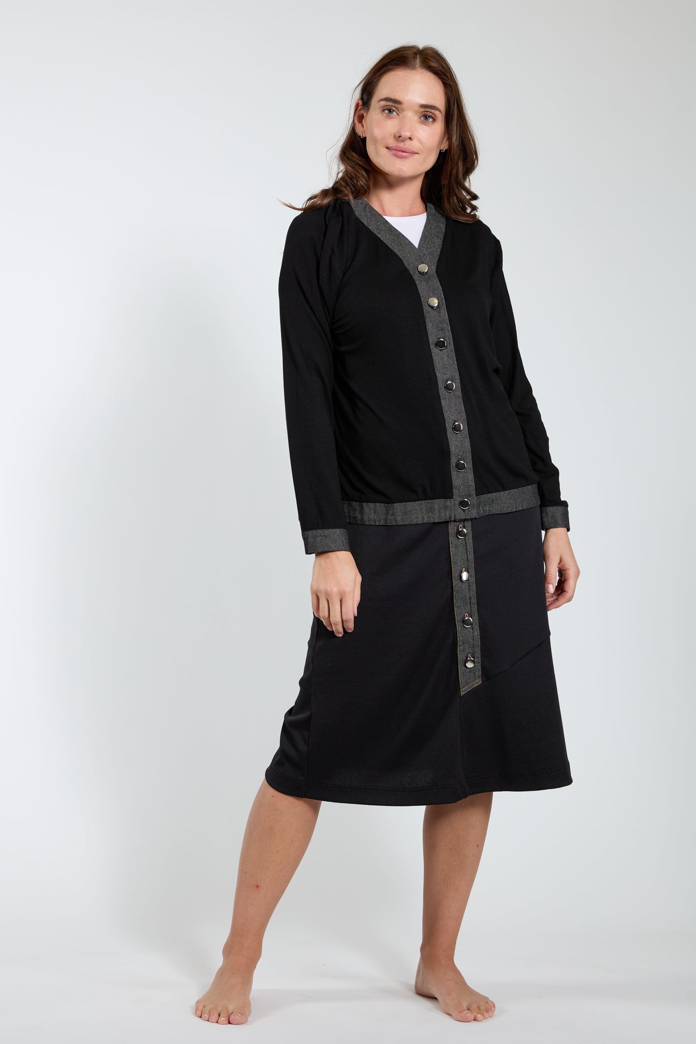 Black Ribbed Top With Black Denim Collar And Snaps