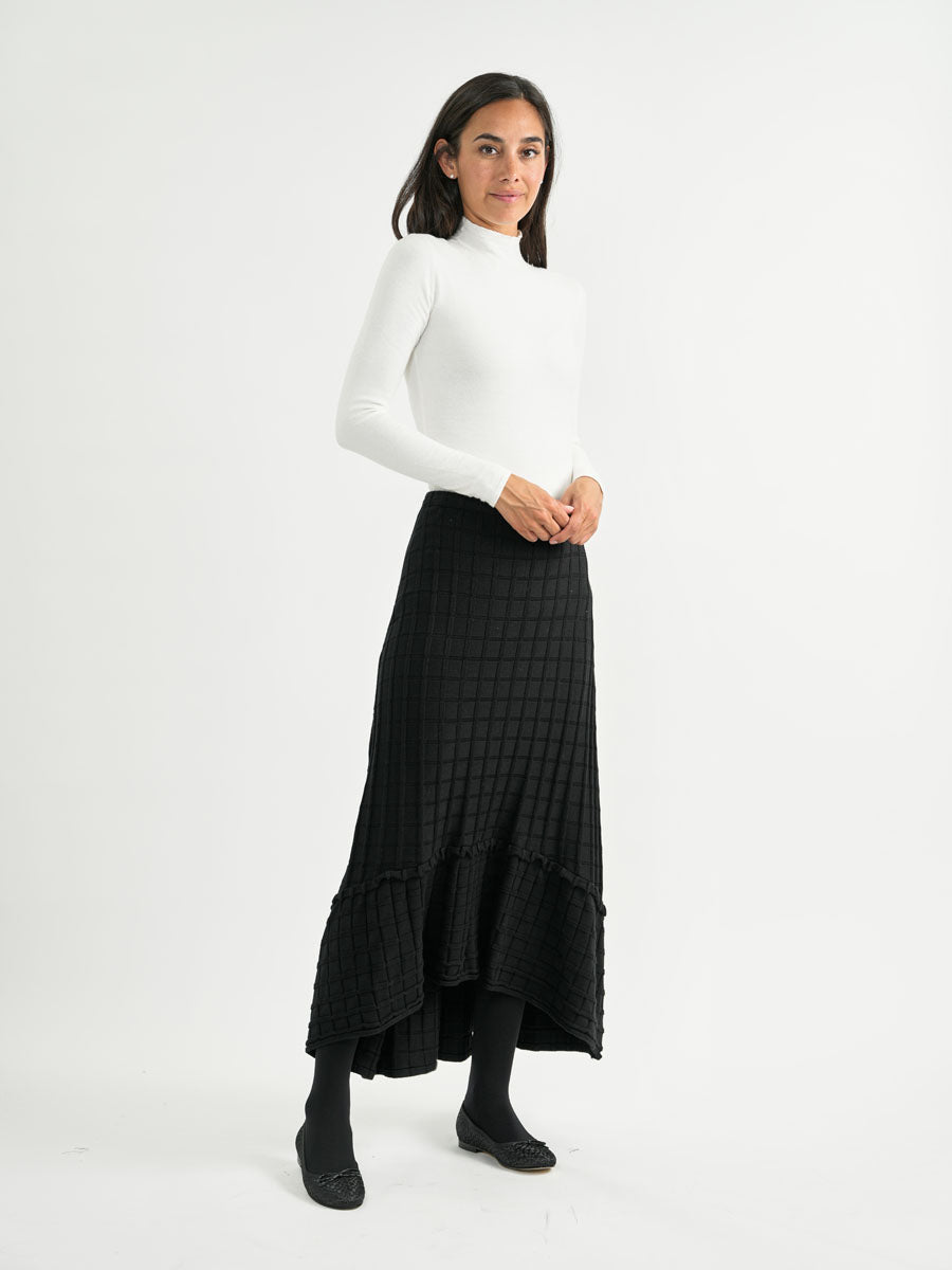 Black Square Textured Knit Hi-Lo Midi Skirt With Tier