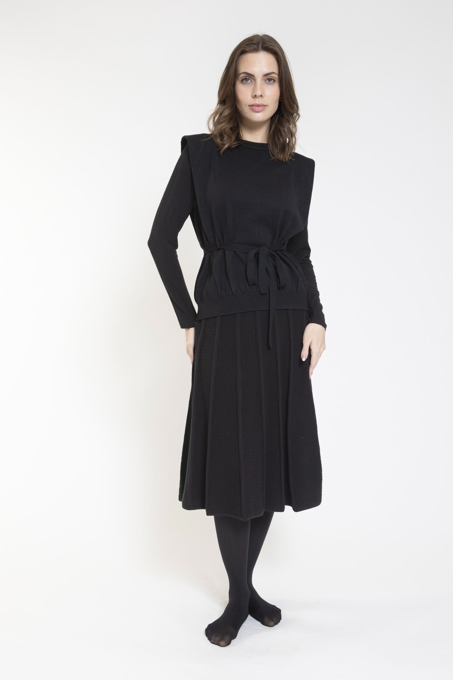 Black Knit Sleeves Shirt With Belted Waist