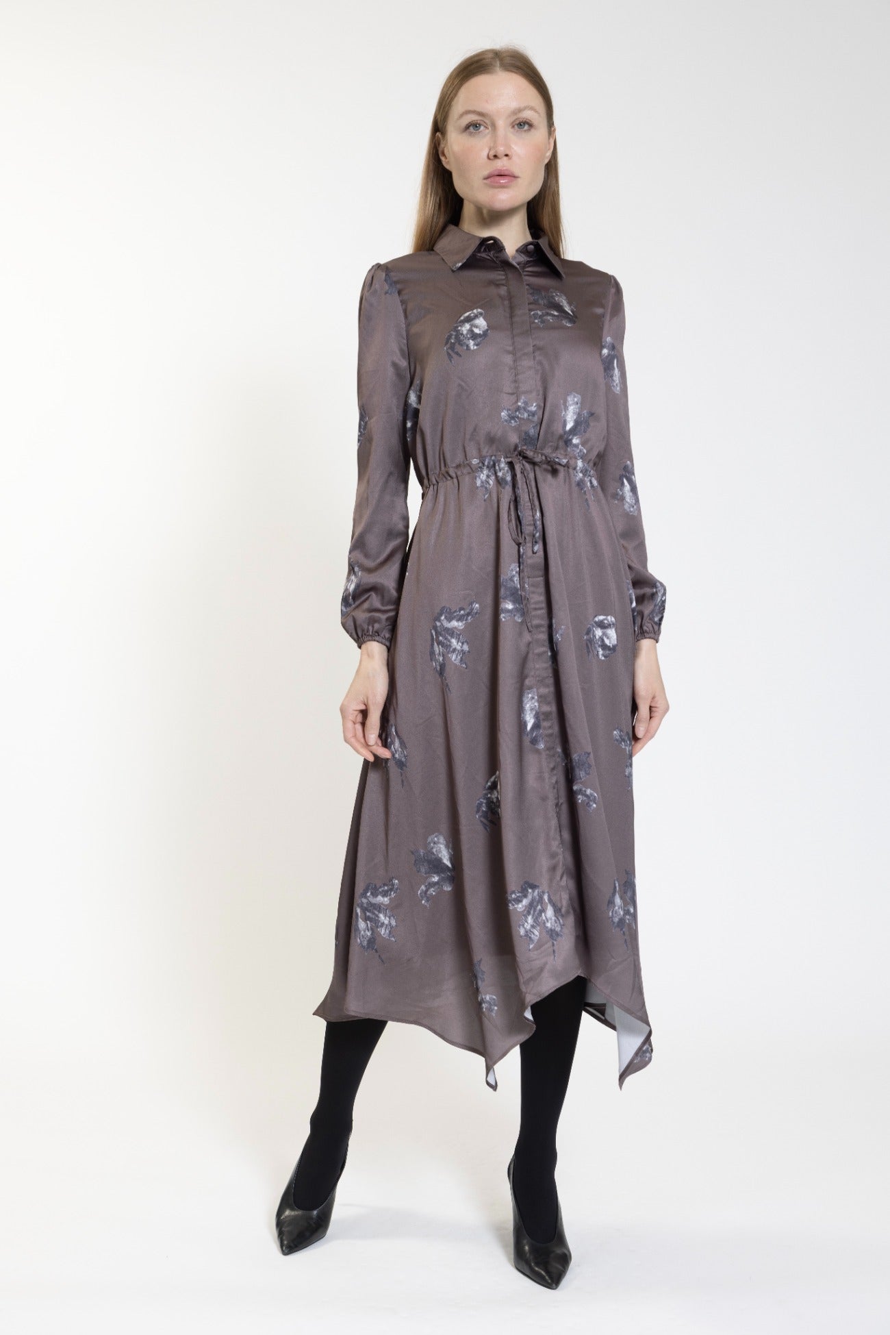 Bronze And Silver Floral Satin Draw String Dress
