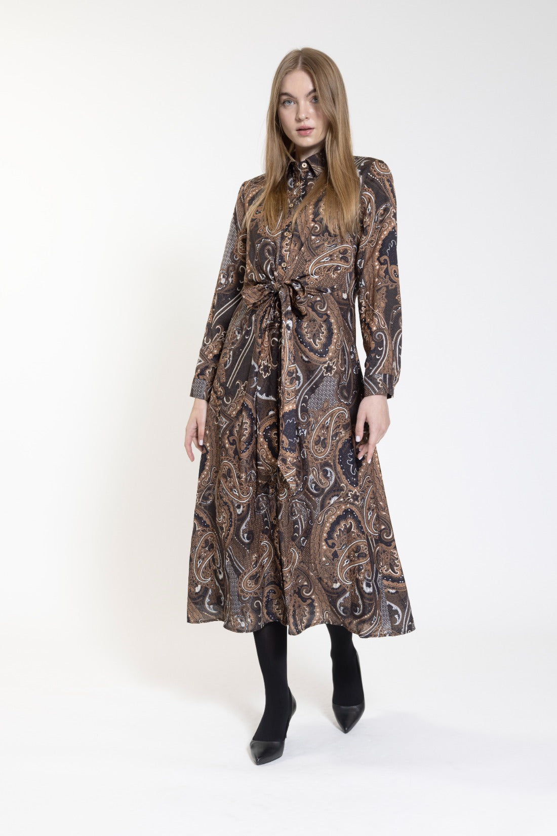 Gold And Black Paisely Front Tie Dress