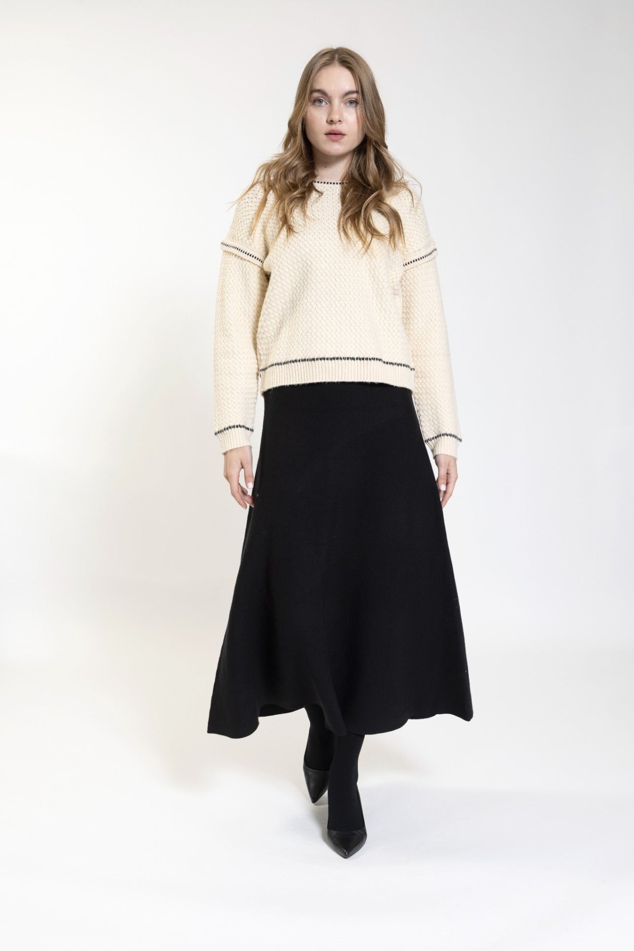 Cream Textured Knit Top With Black Stitching