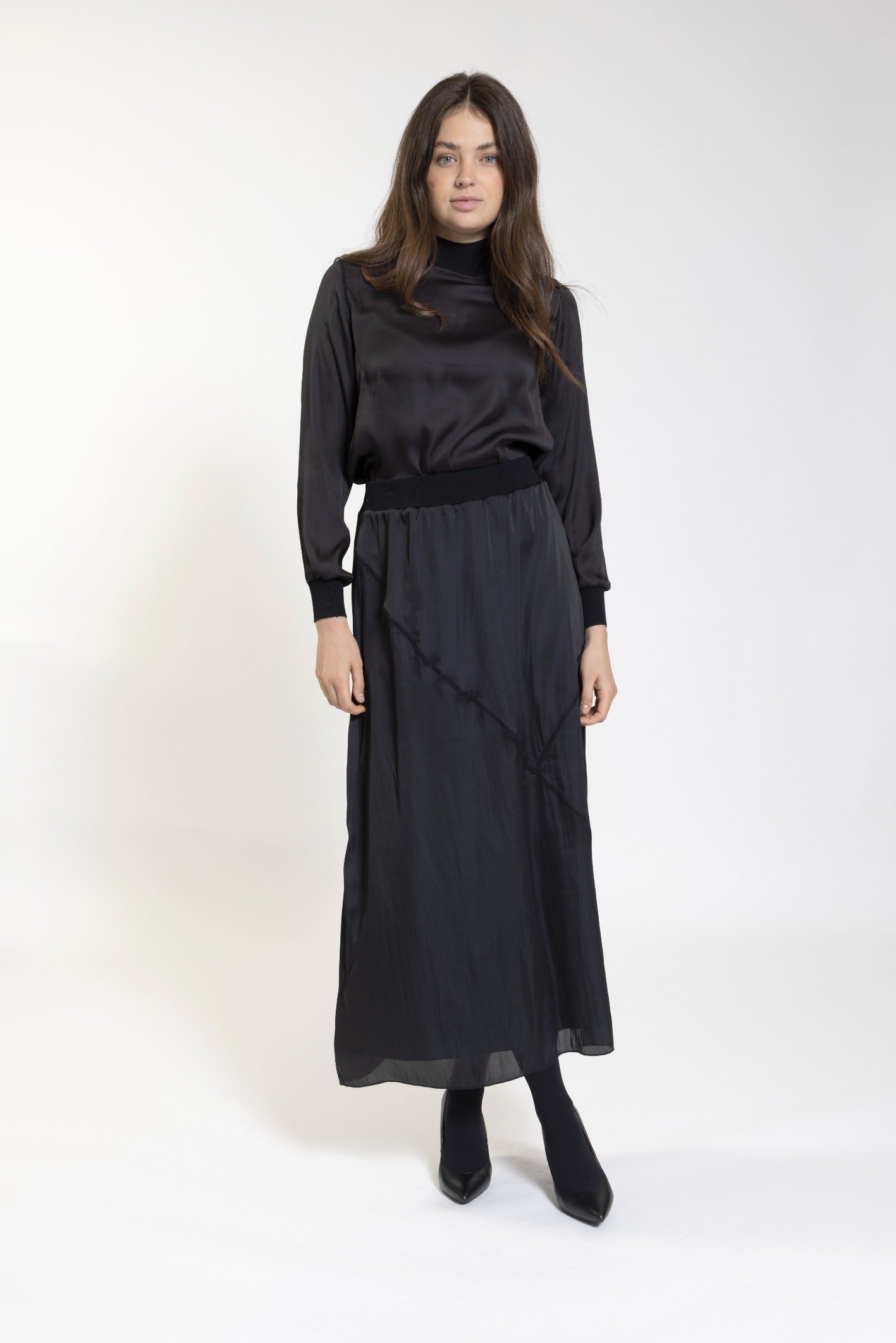 Black Satin Skirt With Ribbed Knit Details