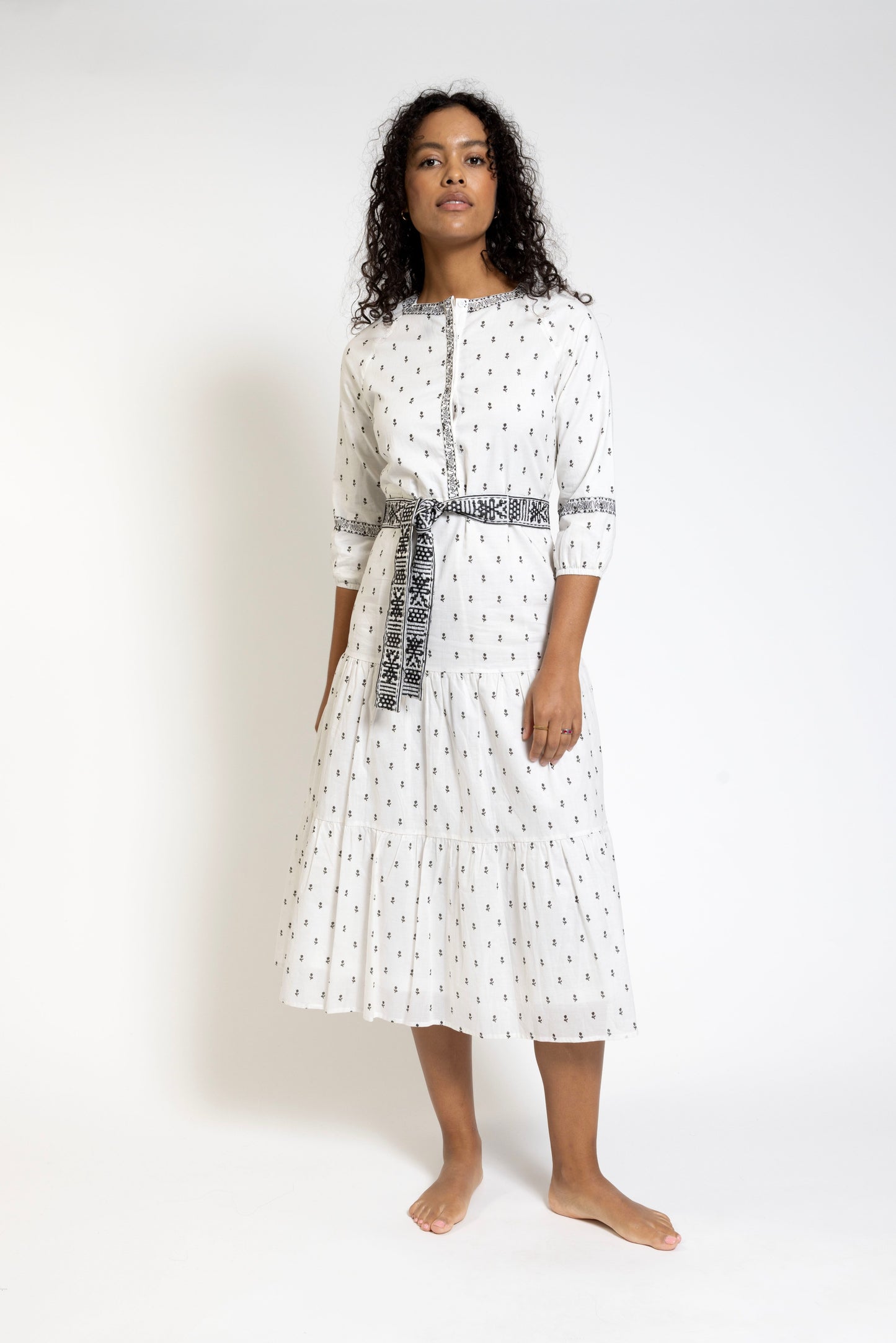 White Base Black Embroidery Printed Dress