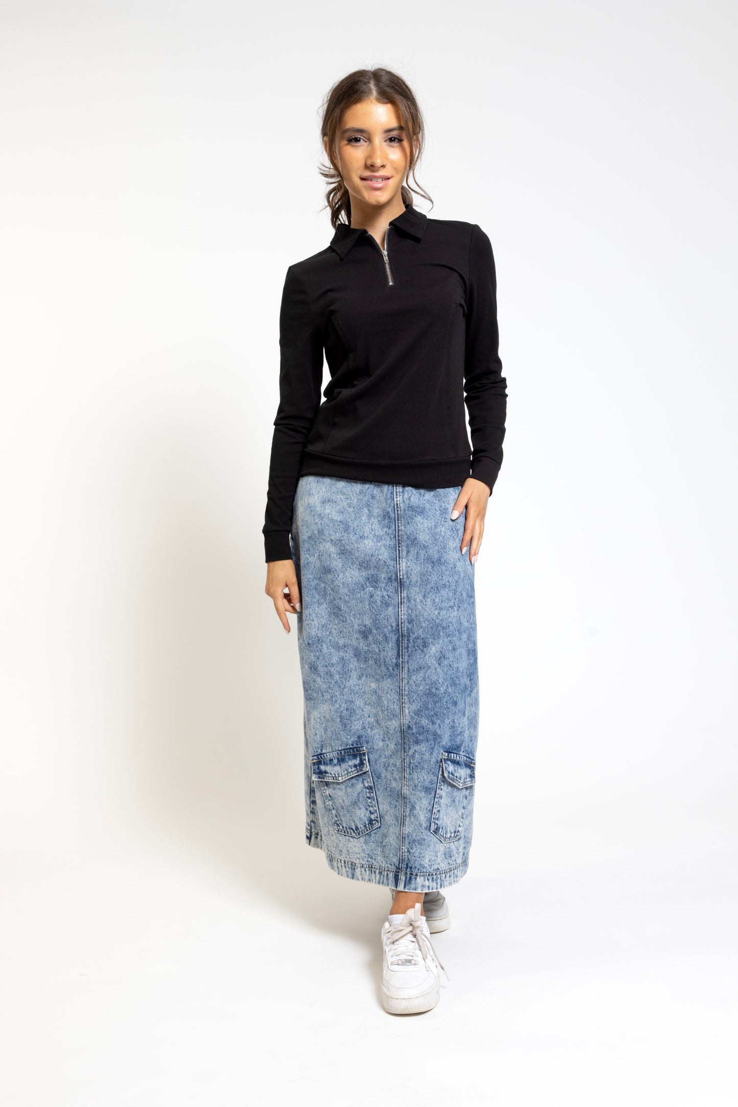 Black Collared Zipper Tshirt - TTYLSS249-A