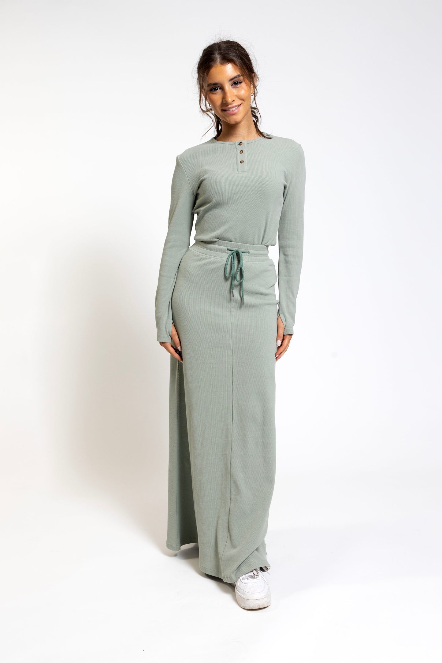 Sage Ribbed Skirt With Drawstring - TTYLSS2420S-A