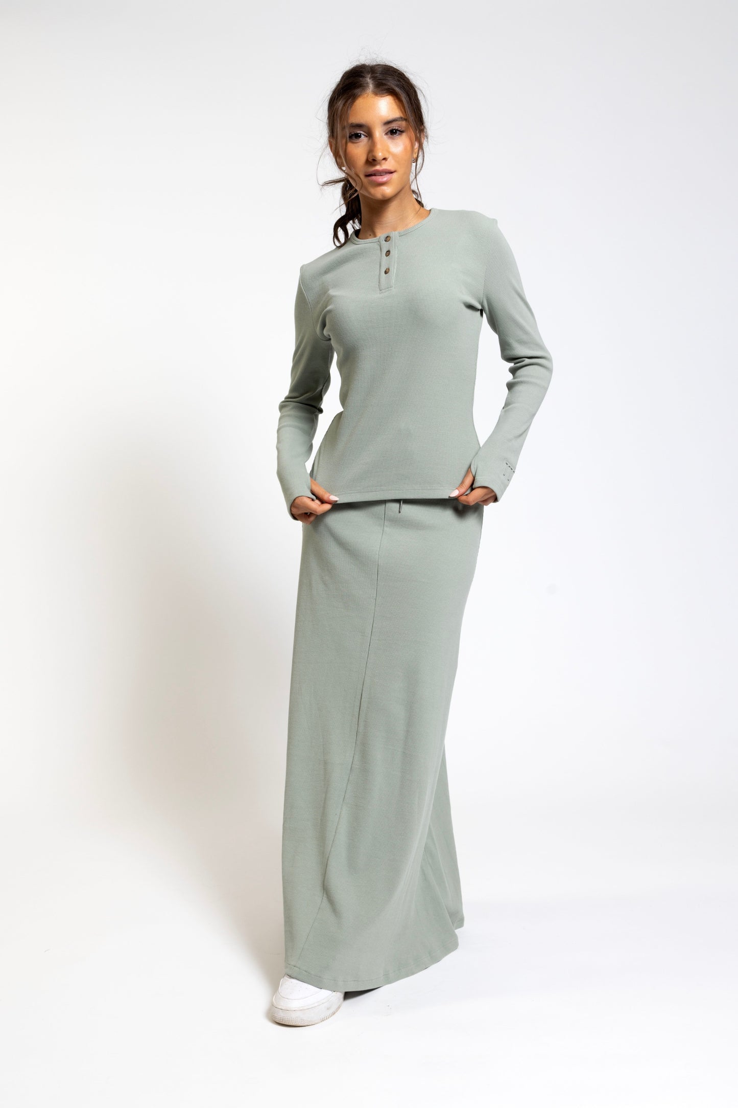 Sage Ribbed Skirt With Drawstring - TTYLSS2420S-A