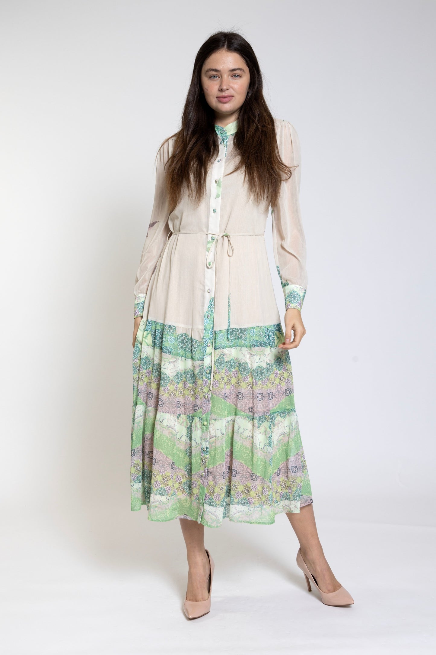 Beige Base Green Bottom Printed Shirt Dress
