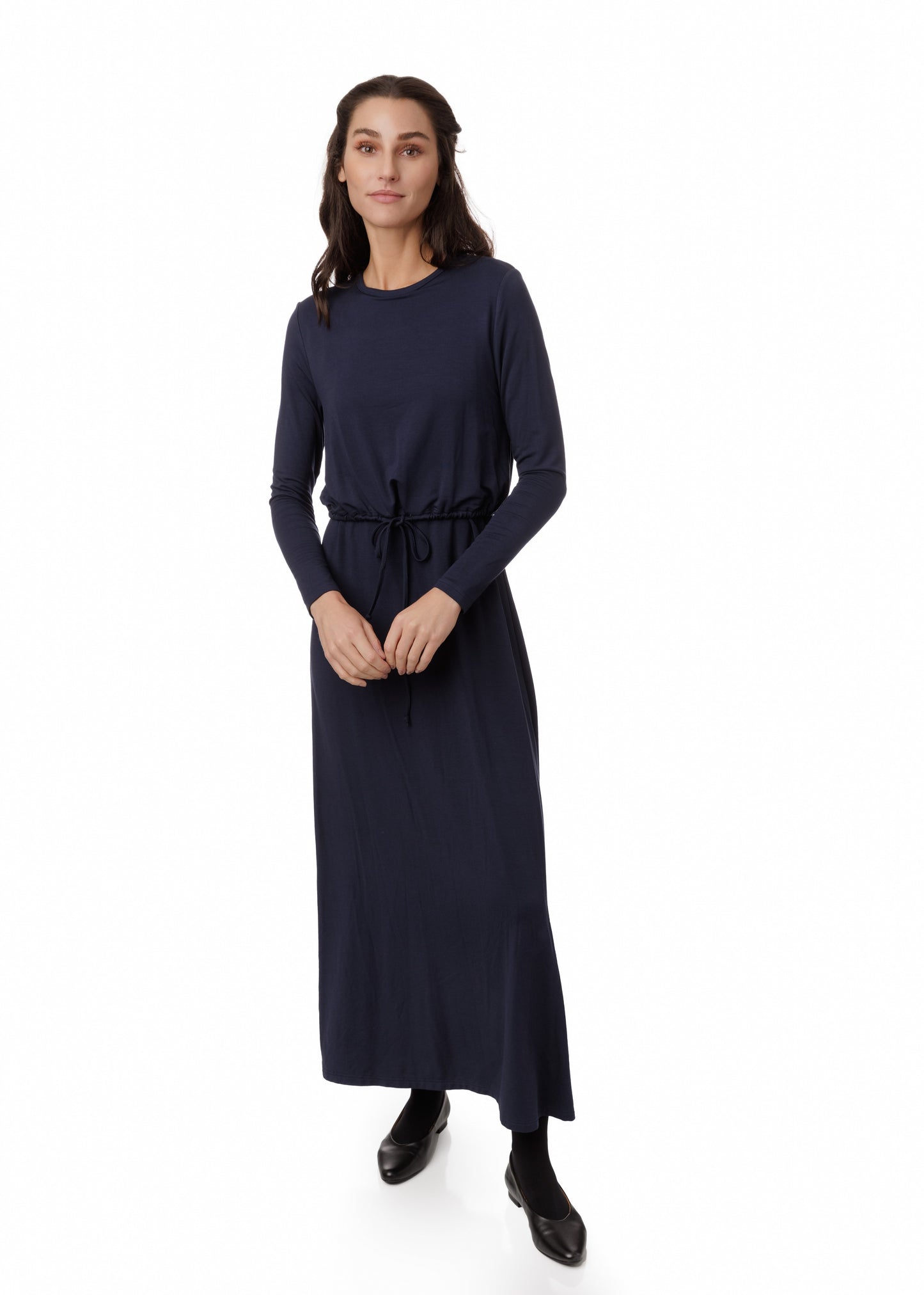 Fake Two Piece Hoody Drawstring Knit Dress - Navy