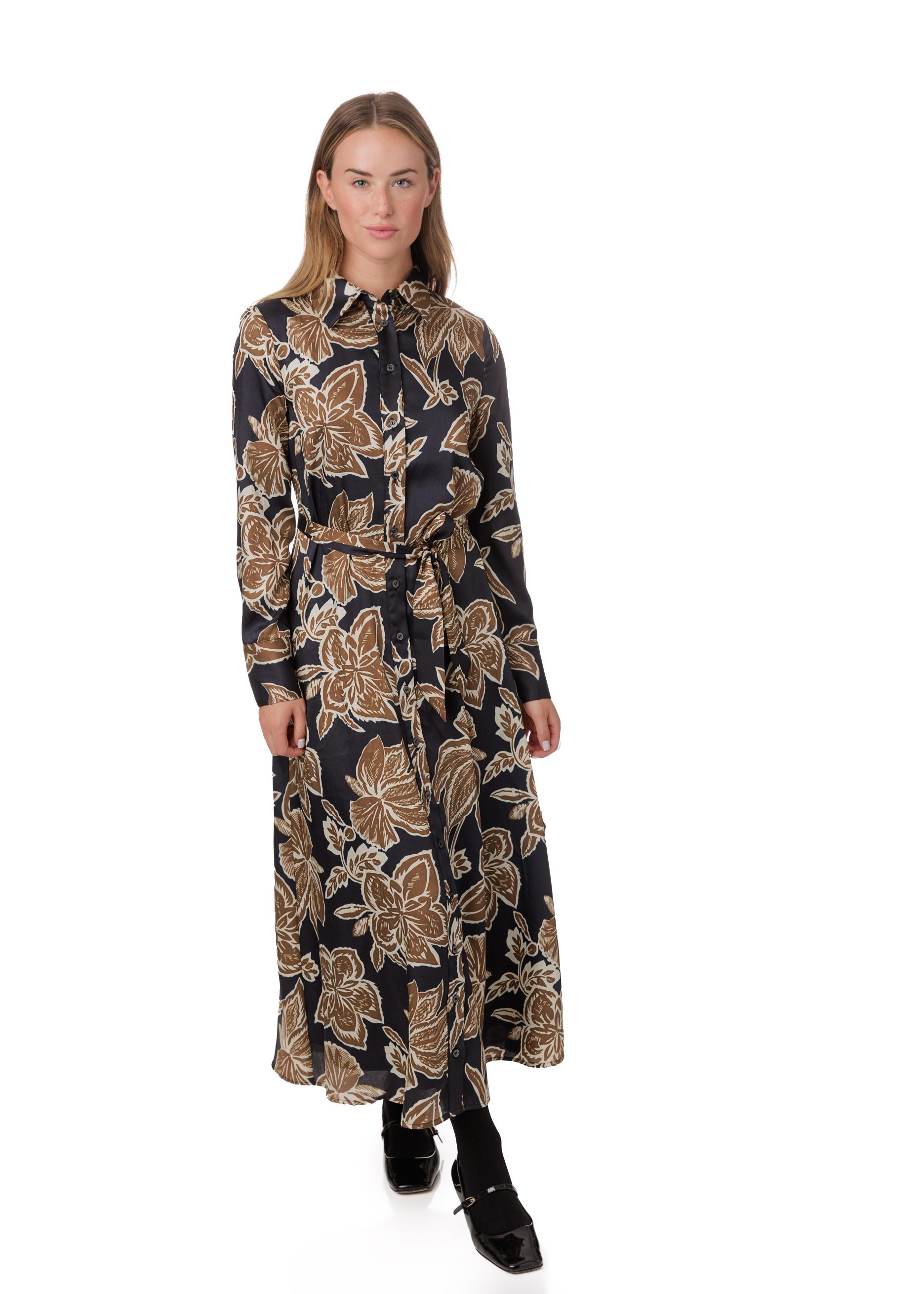 long printed shirt dress Printed Shirt Dress, Black & Beige, Size 2