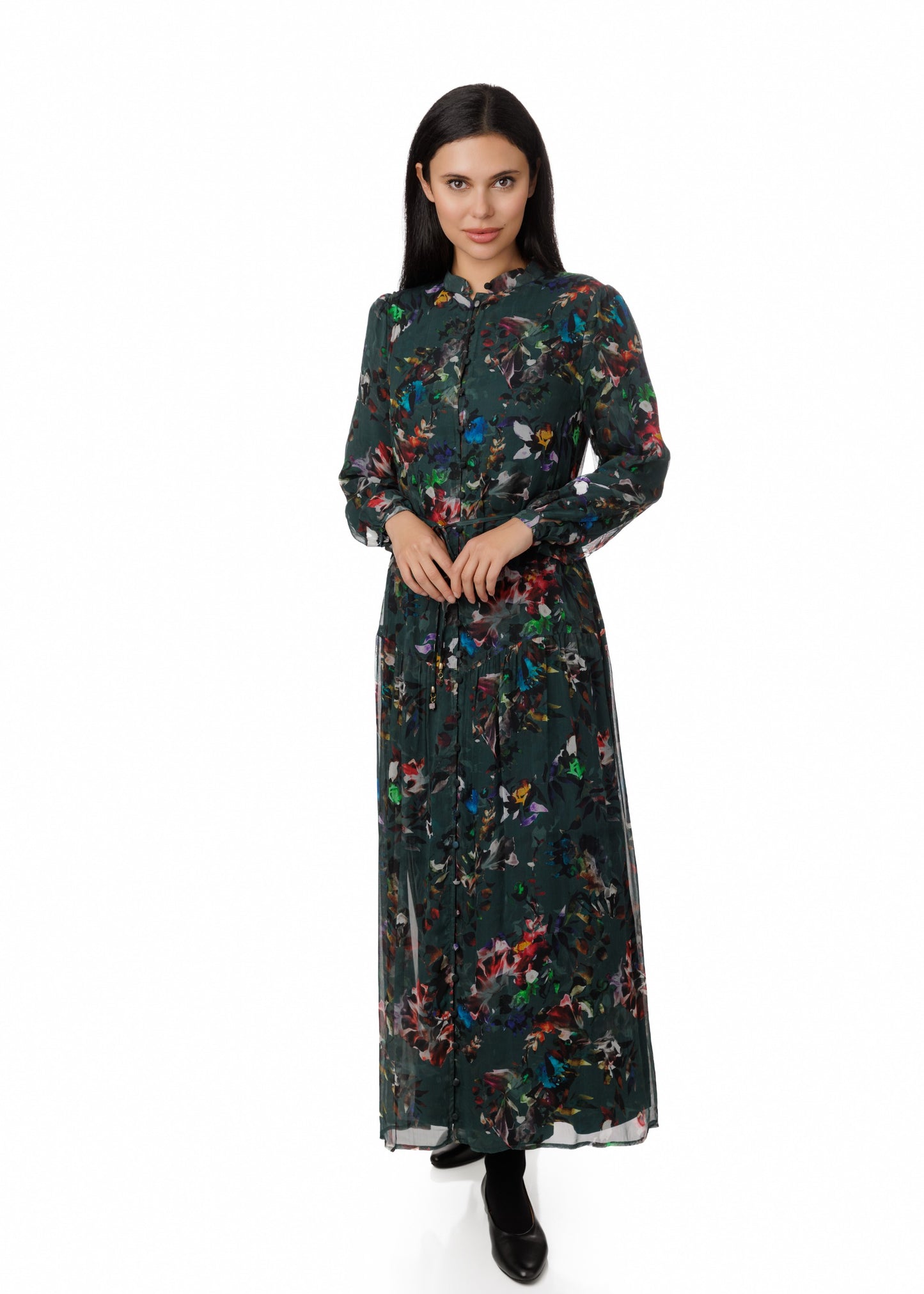Darker Green Multicolor Printed Chiffon Layer Dress