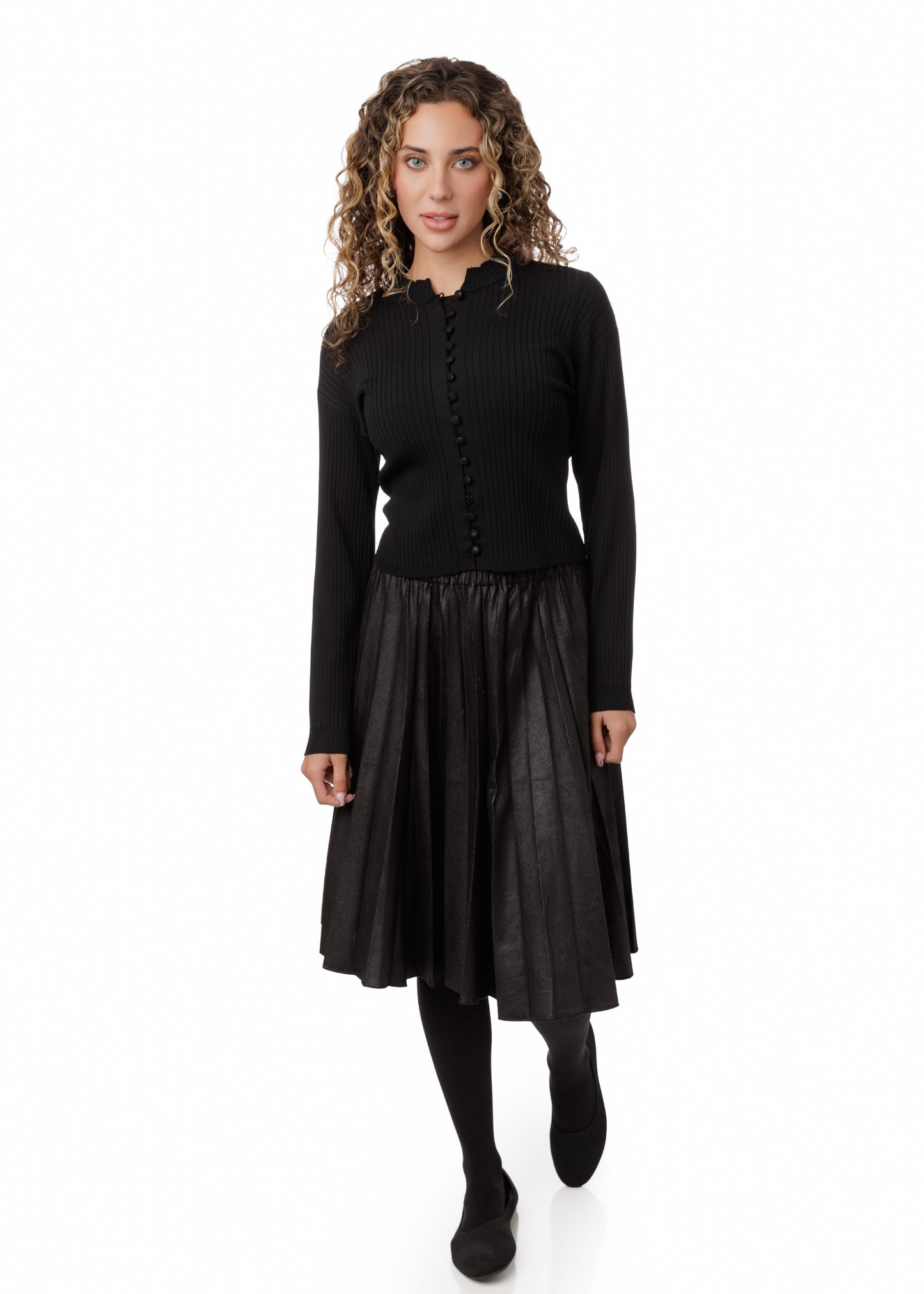 Polish Knit Ribbed Cardigan Top - Black