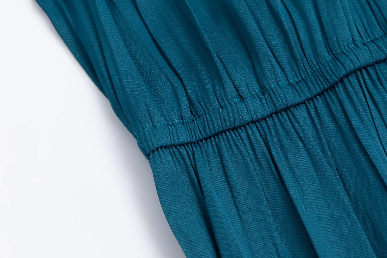 Solid Pleated And Tiered Dress - Teal