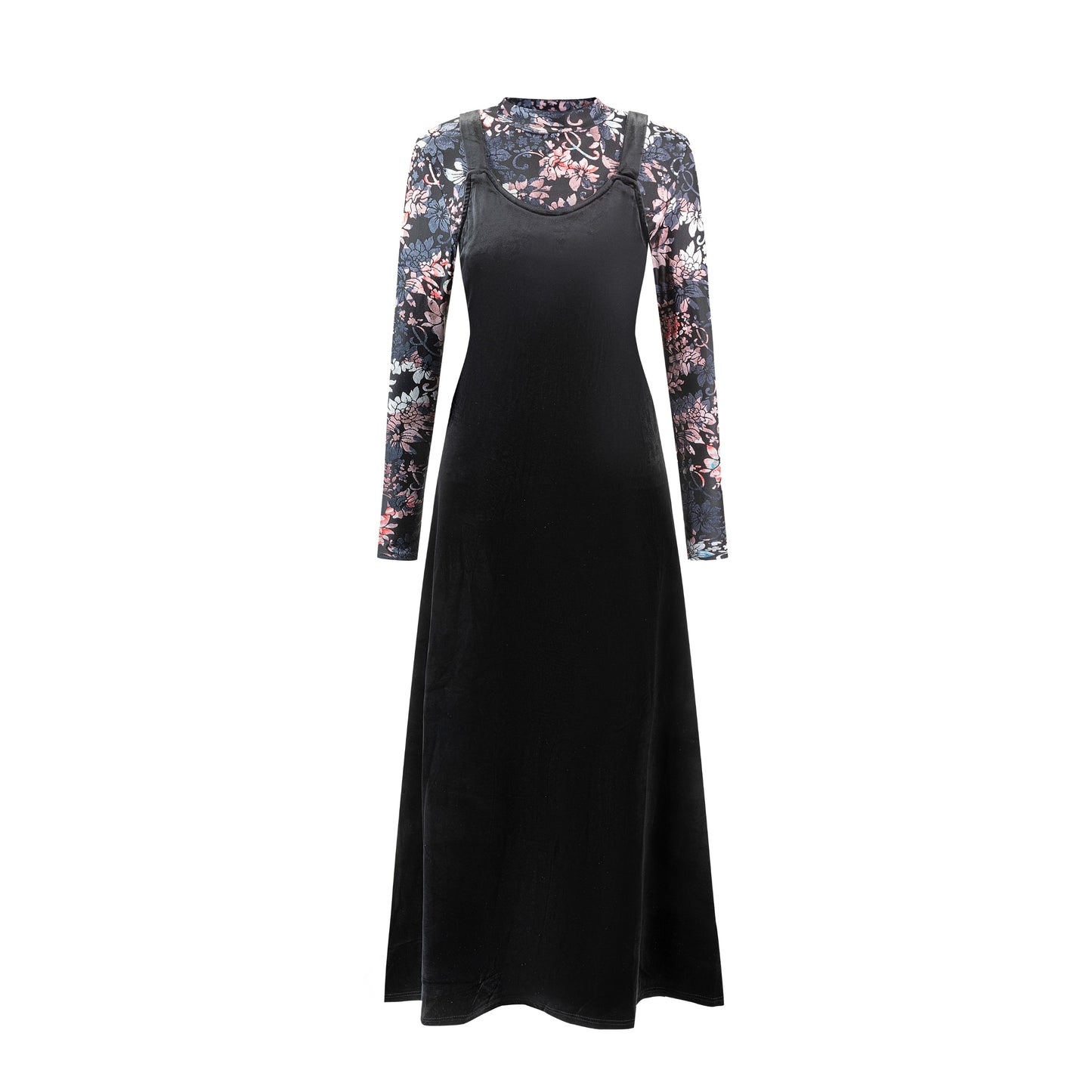 Velvet Jumper with Floral Velvet Mock Neck Underlay - Black