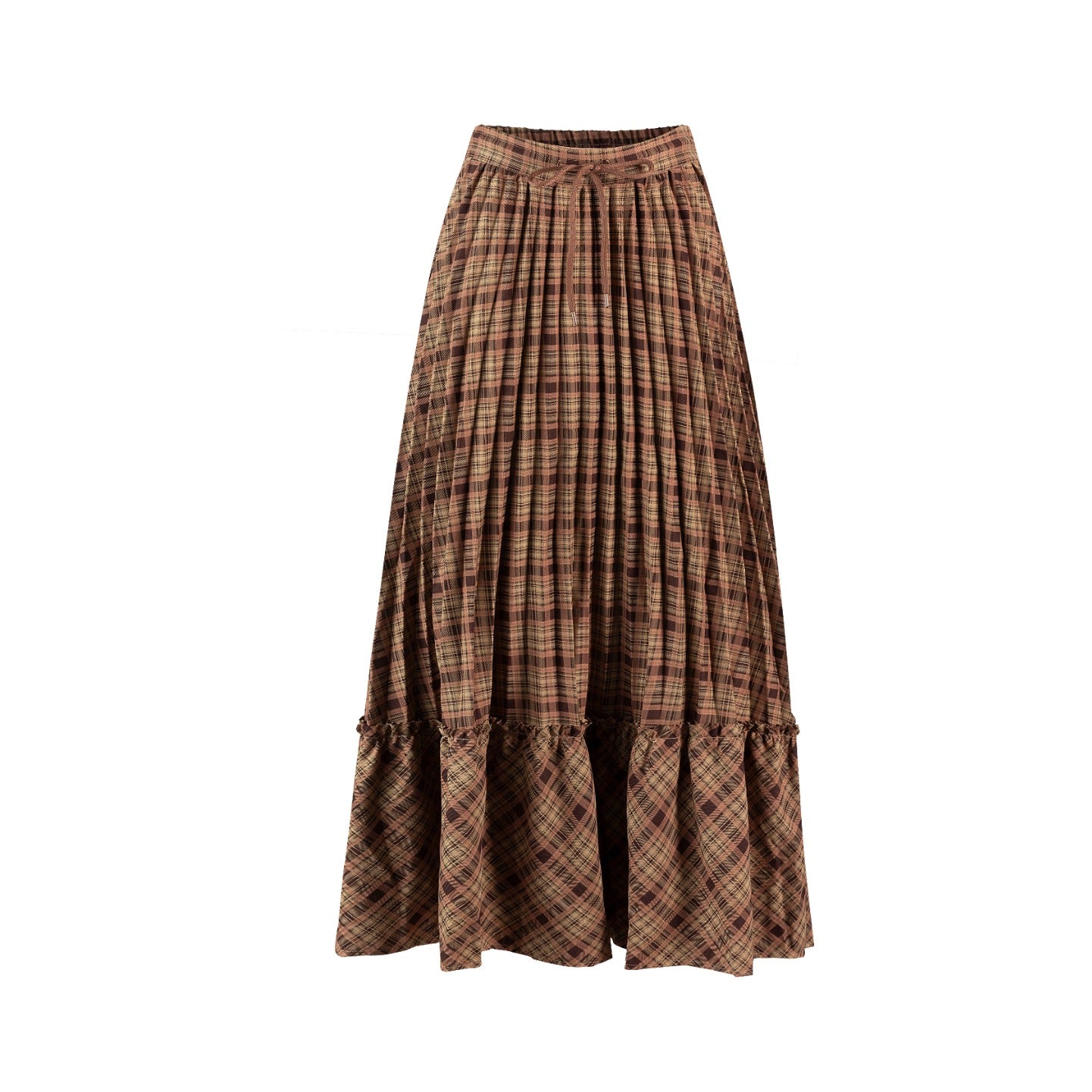 Checkered Pleated Layer Skirt - Brown