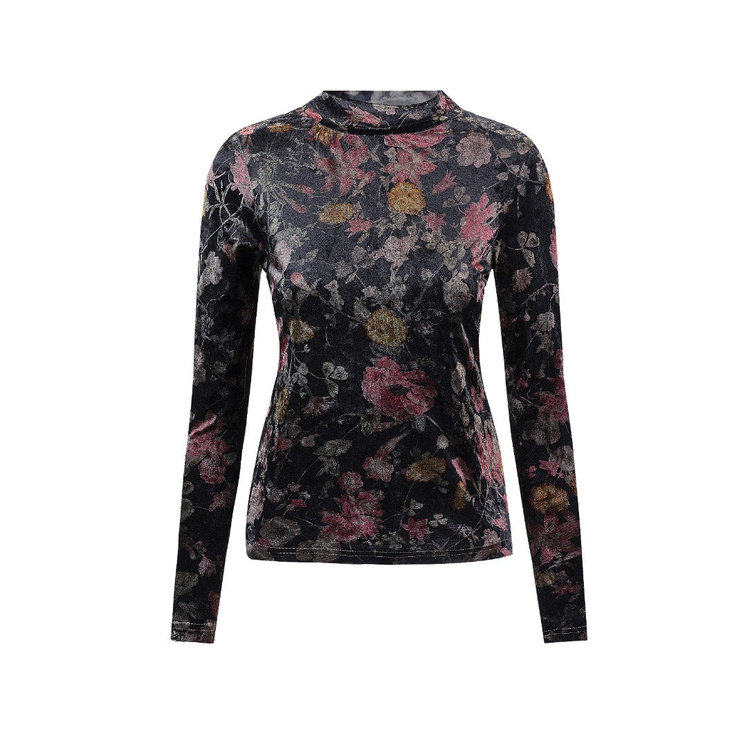 Floral Velour Mock-Neck Top - Black