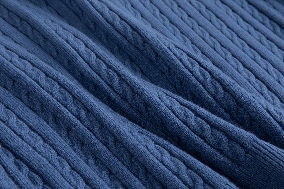 Cable Knit Sweater With Pom Poms - Blue