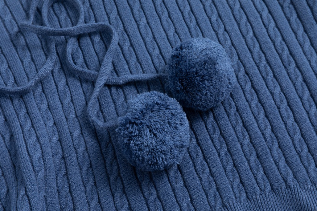 Cable Knit Sweater With Pom Poms - Blue