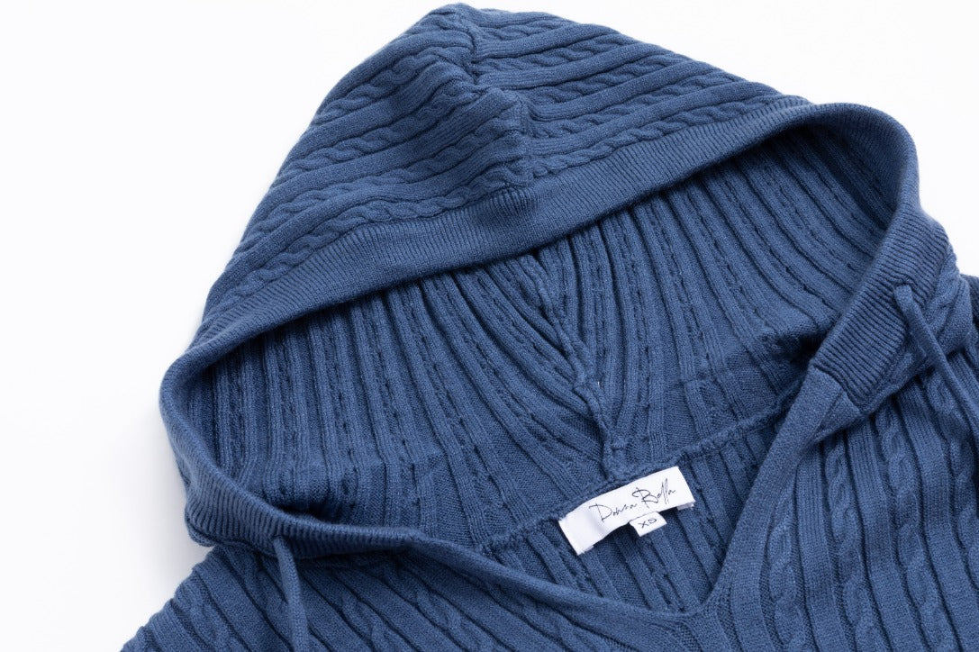 Cable Knit Sweater With Pom Poms - Blue