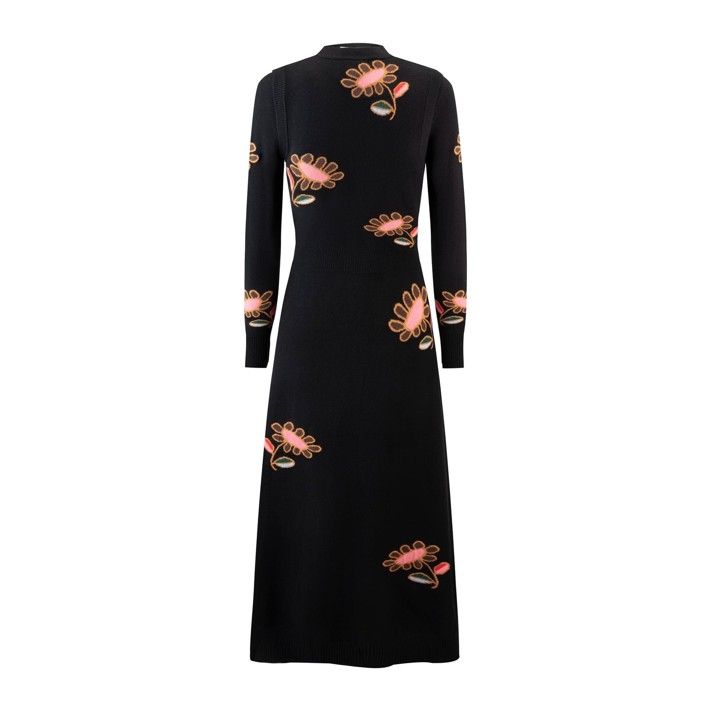 Knit Dress With Flower Print And Vest Overlay - Black