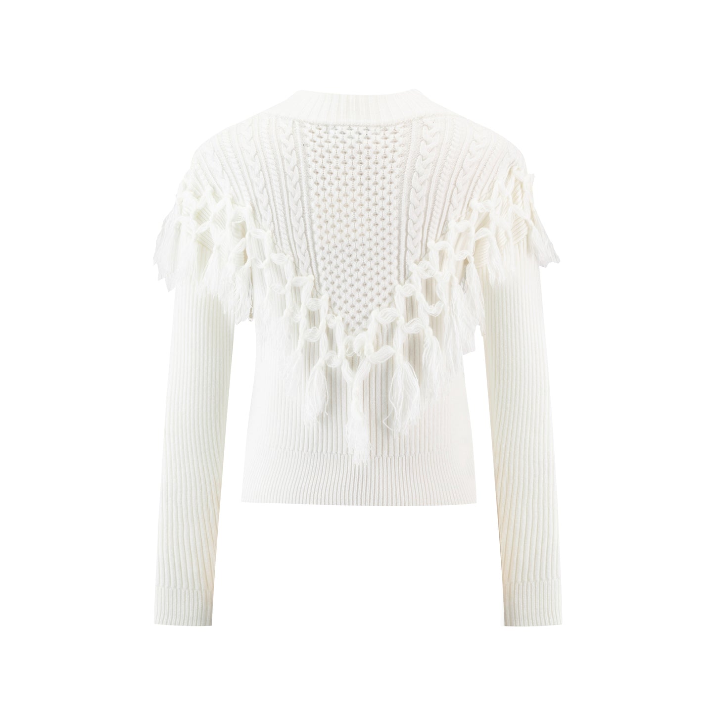 Knit Top With Fringes Overlay - Ivory