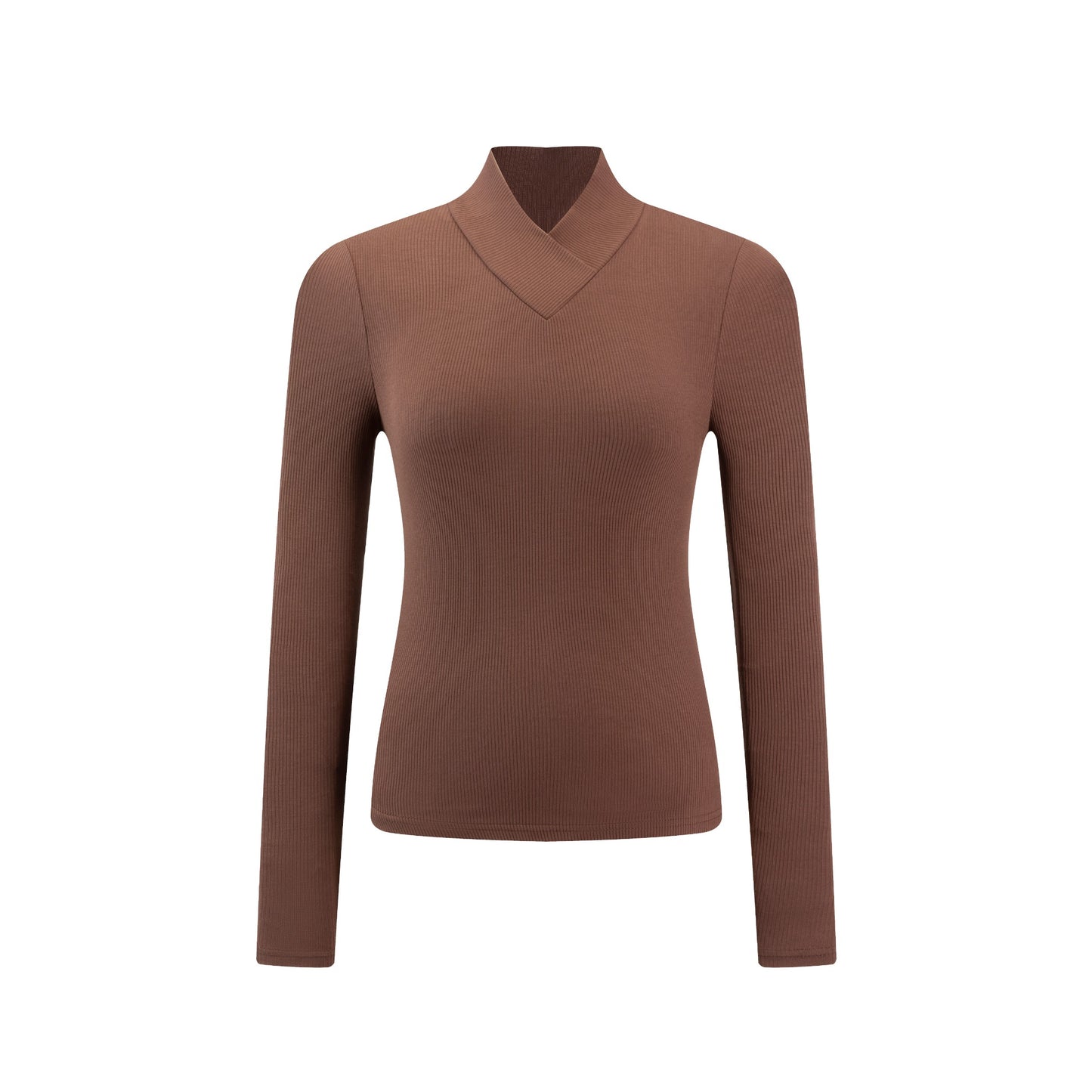 V-Neck Ribbed Knit Top - Brown