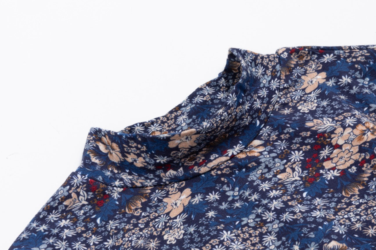 Multi Floral T-Shirt Mock Neck - Navy