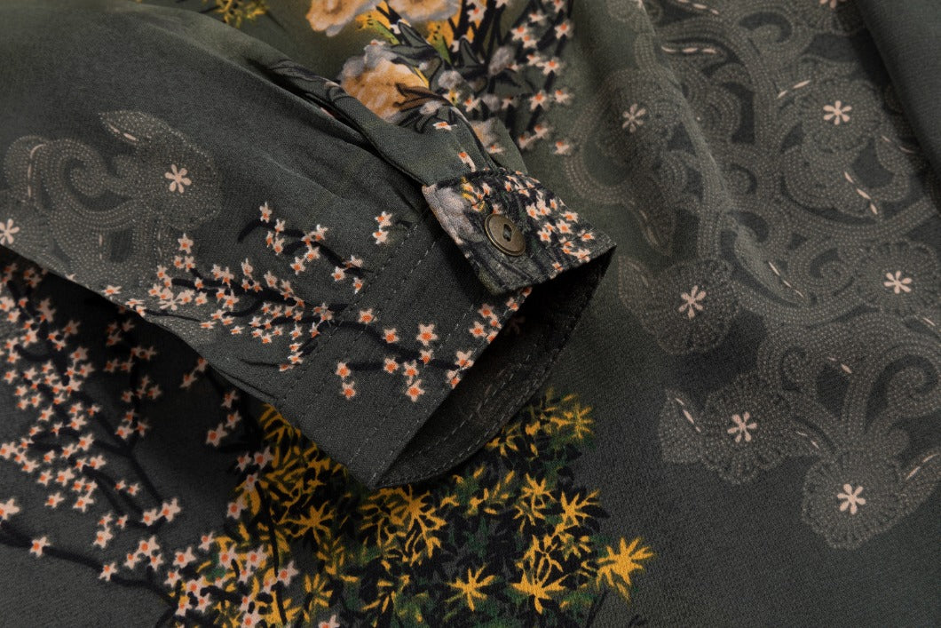 Hunter Green Flower Printed Waist Drawsting Layer Dress