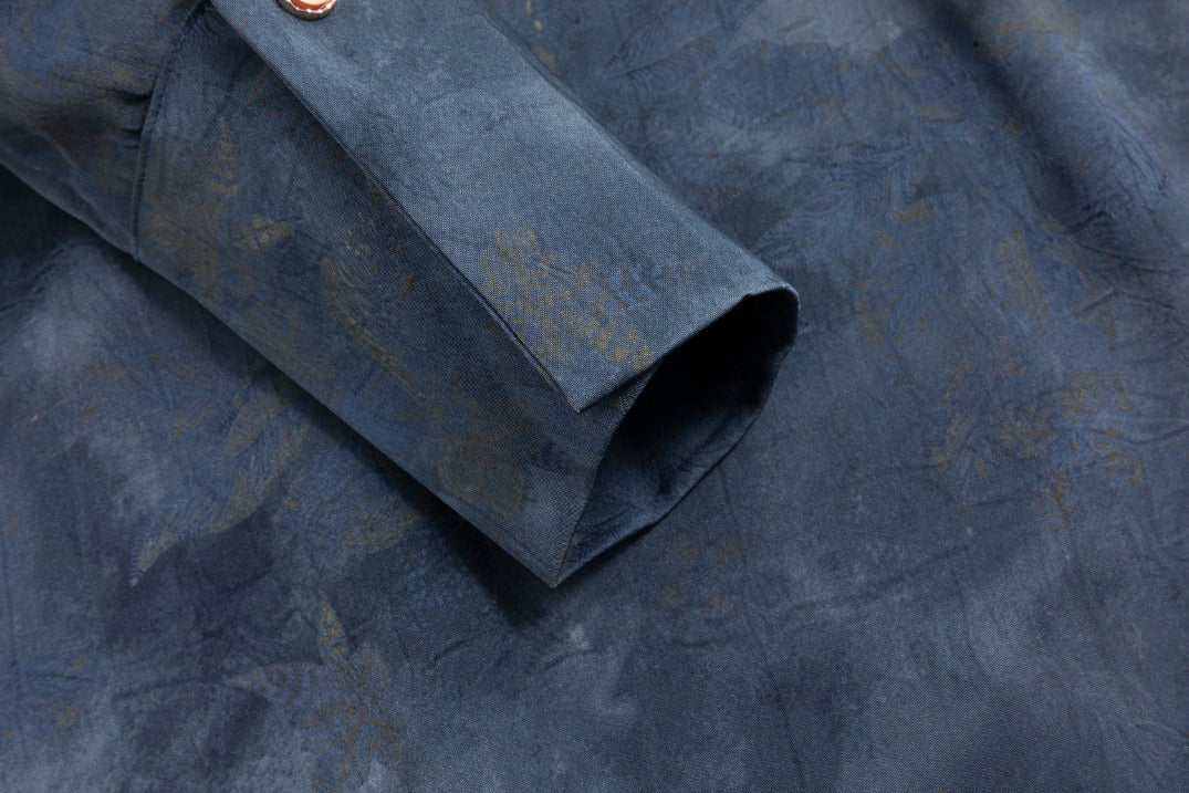 Leaves Printed Wrinkle Shirt Dress - Navy