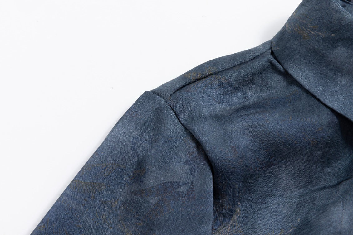 Leaves Printed Wrinkle Shirt Dress - Navy