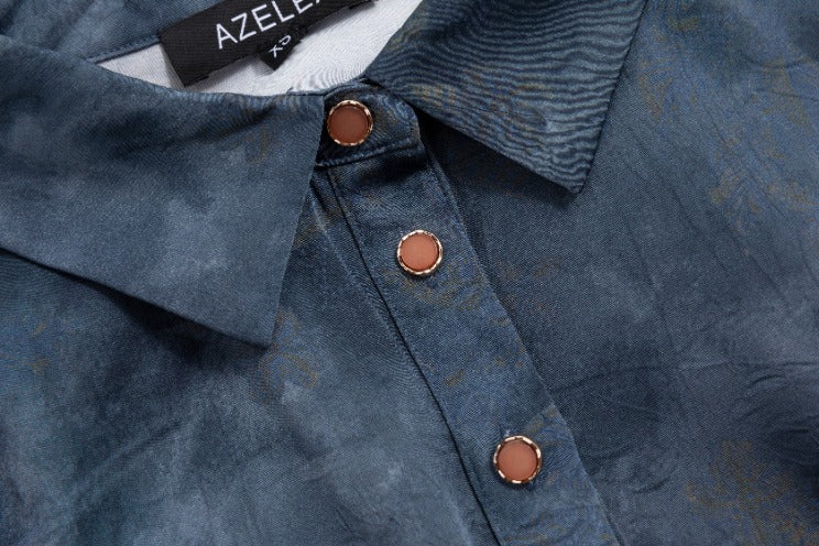 Leaves Printed Wrinkle Shirt Dress - Navy